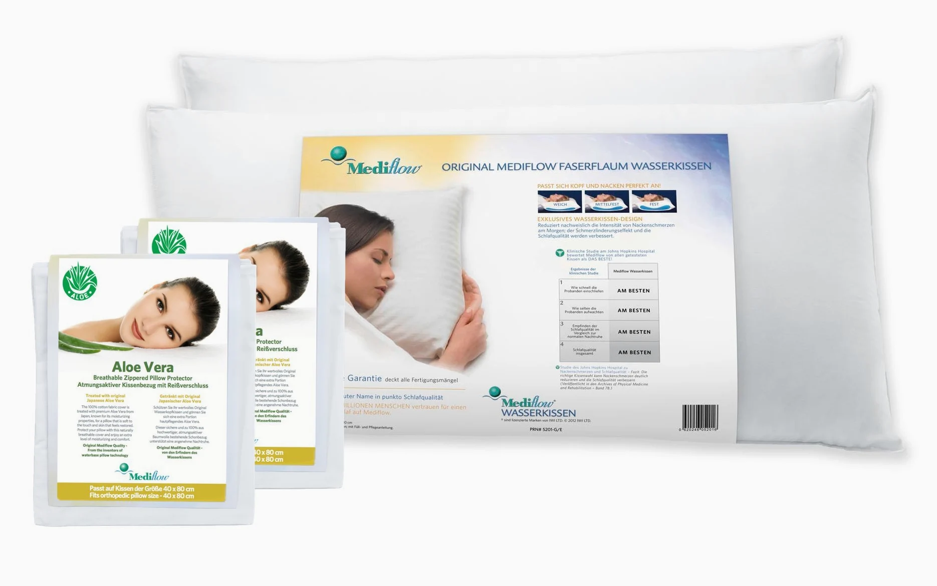 Mediflow Set 2 Almohadas + 2 Fundas de Aloe Vera Blanco 40 x 80 cm