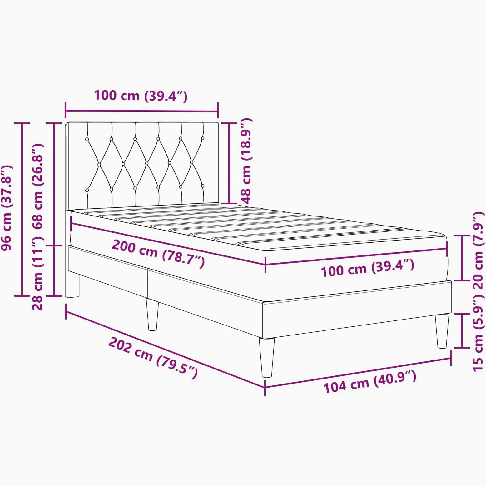 Estructura de cama con colchón de 100 x 200 cm de terciopelo rosa con cabecero, somier de láminas y espacio de almacenamiento, colchón de espuma fría transpirable, funda hipoalergénica, para