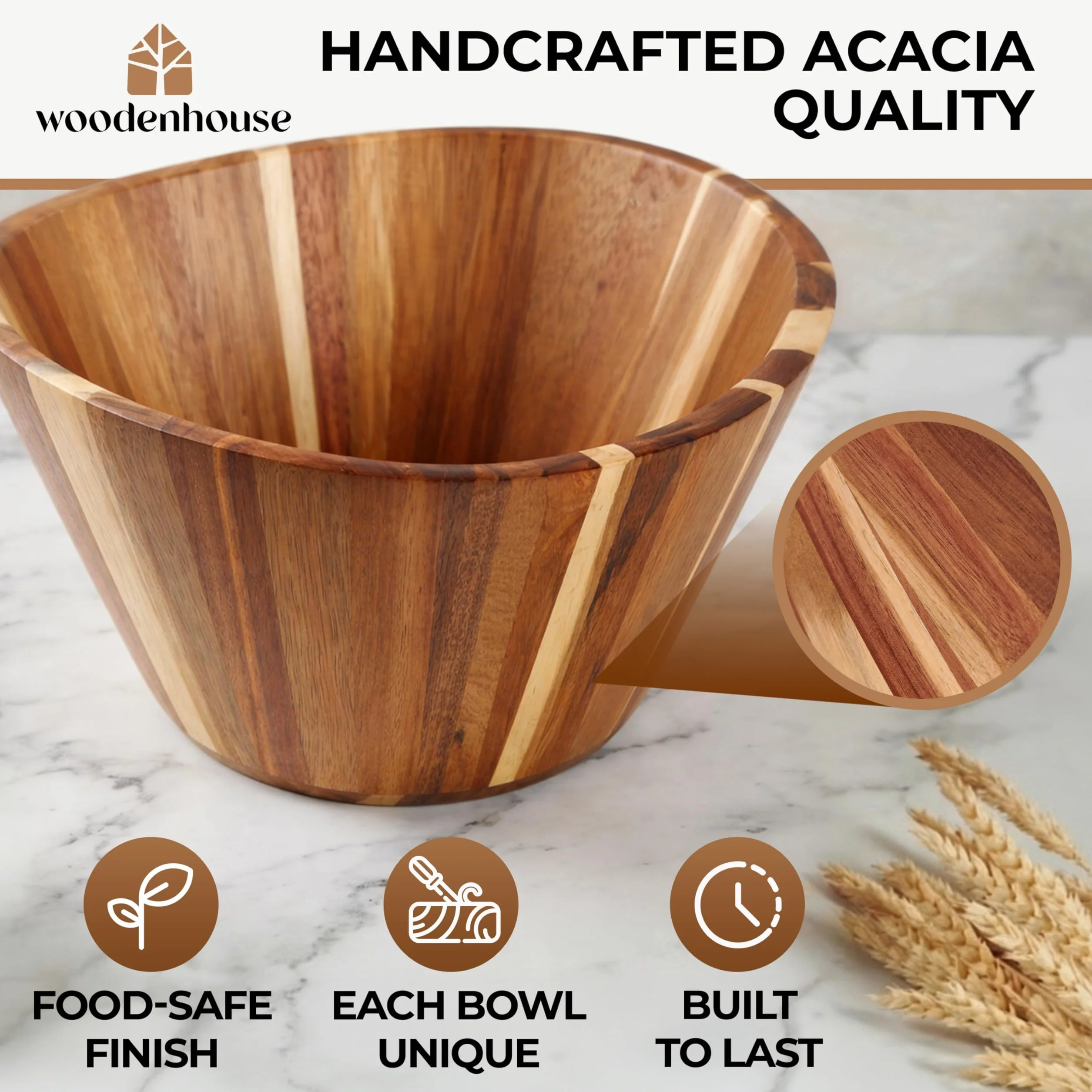 Ensaladera de madera extragrande – Cuencos de madera multiusos de acacia de 12 pulgadas, cuencos decorativos para decoración del hogar, almacenamiento, porción, hilo, diseño ondulado duradero hecho a