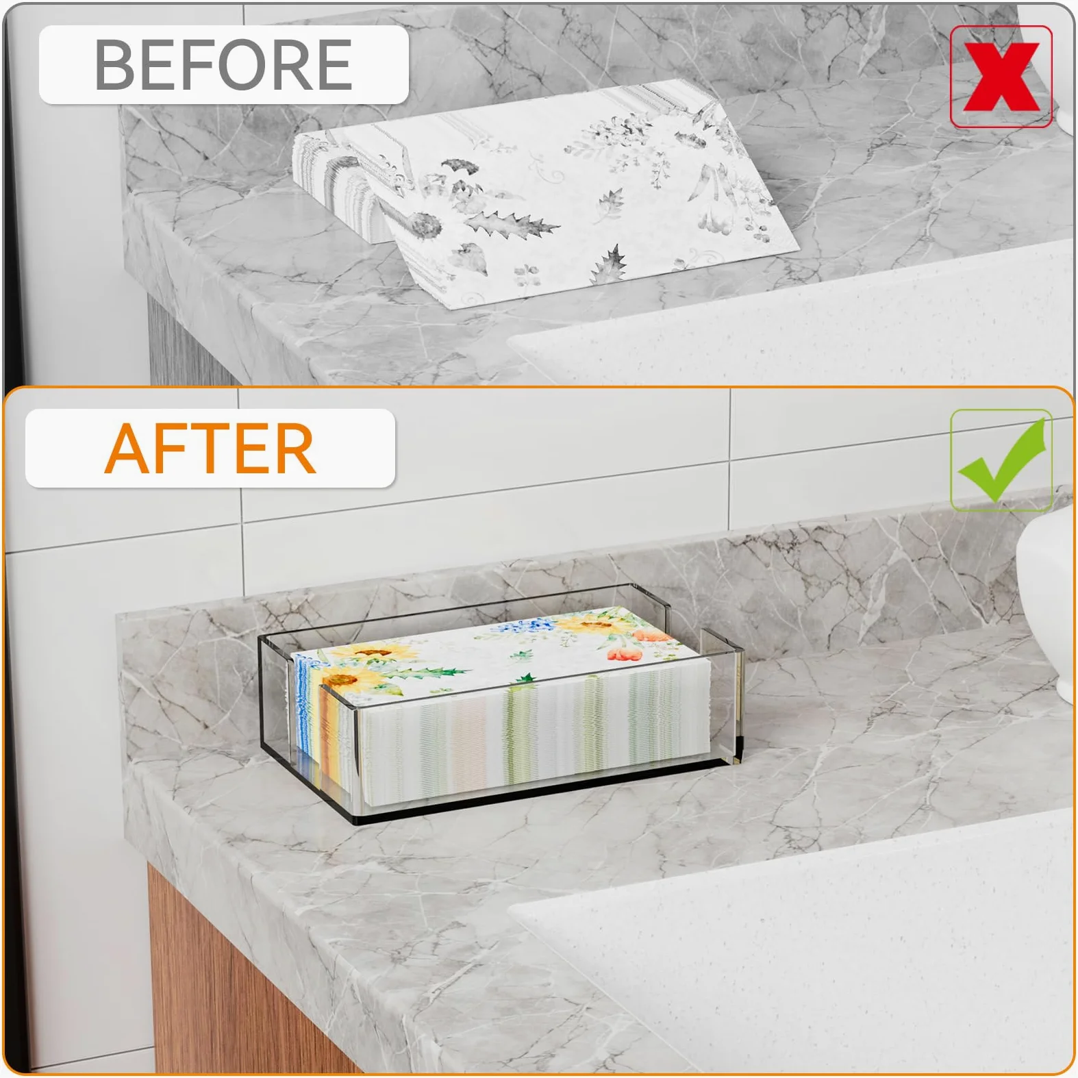 Cq Acrylic Servilleteros transparentes de 9 x 5.5 pulgadas para cocina, cesta de toallas de invitados, soporte para toallas de papel en transparente, soporte para servilletas de cóctel y invitados