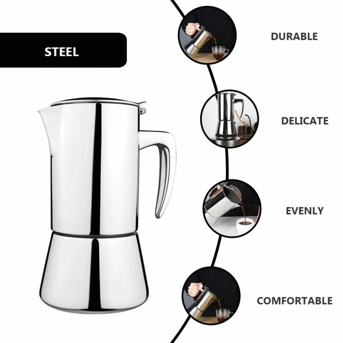 Cafetera Italiana de Acero Inoxidable 200ml Mango Antiquemaduras, Apta para Estufas de Inducción, Adecuado para Uso en Casa o Cafeterías