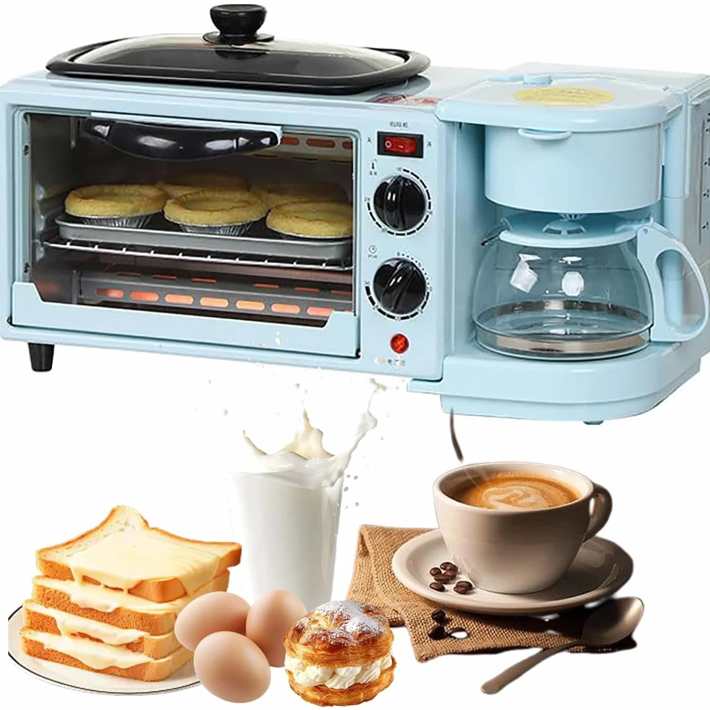 Máquina de Desayuno Eléctrica 3 en 1, Estación de Desayuno Multifuncional de 1050 W con Cafetera, Control de Temperatura de 100-230 ° y Temporización de 30 Minutos, Mini Horno para Máquina Blue