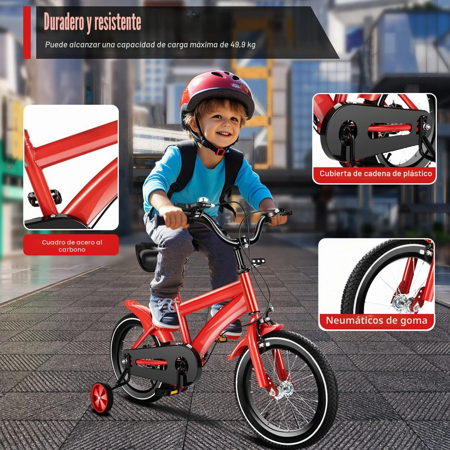 Bicicleta infantil 14 pulgadas ruedas estabilizadoras roja para niños niñas 3-8 años