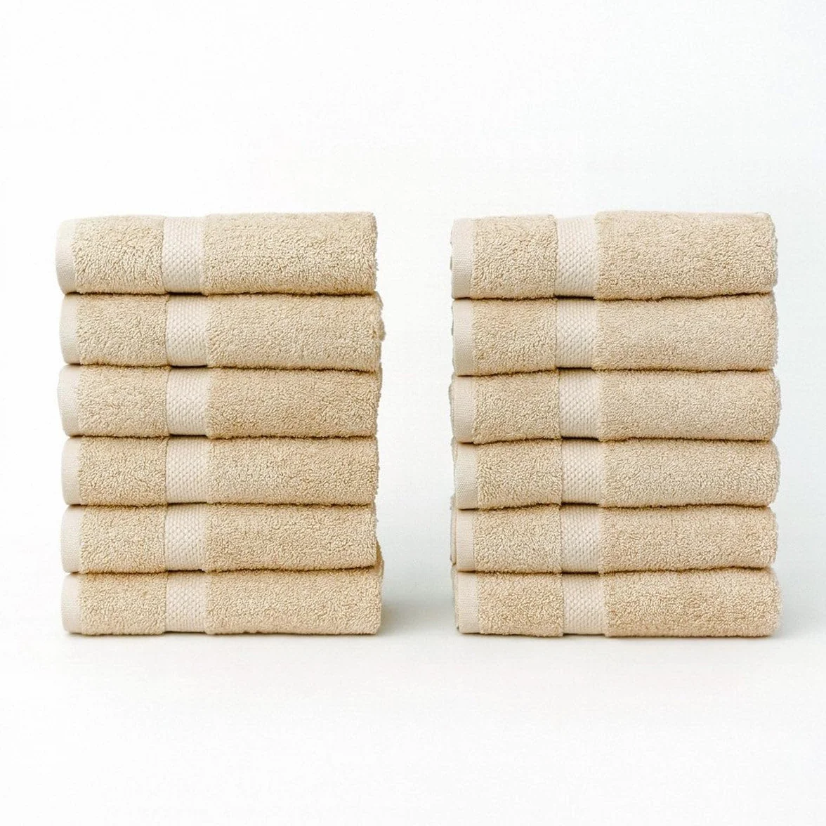 Juego de 12 Toallas de Mano Color Beige 100% algodón Rizo 100x50 cm | Tejido suave de gran gramaje con alta absorción. Aptas para lavadora, de uso diario.
