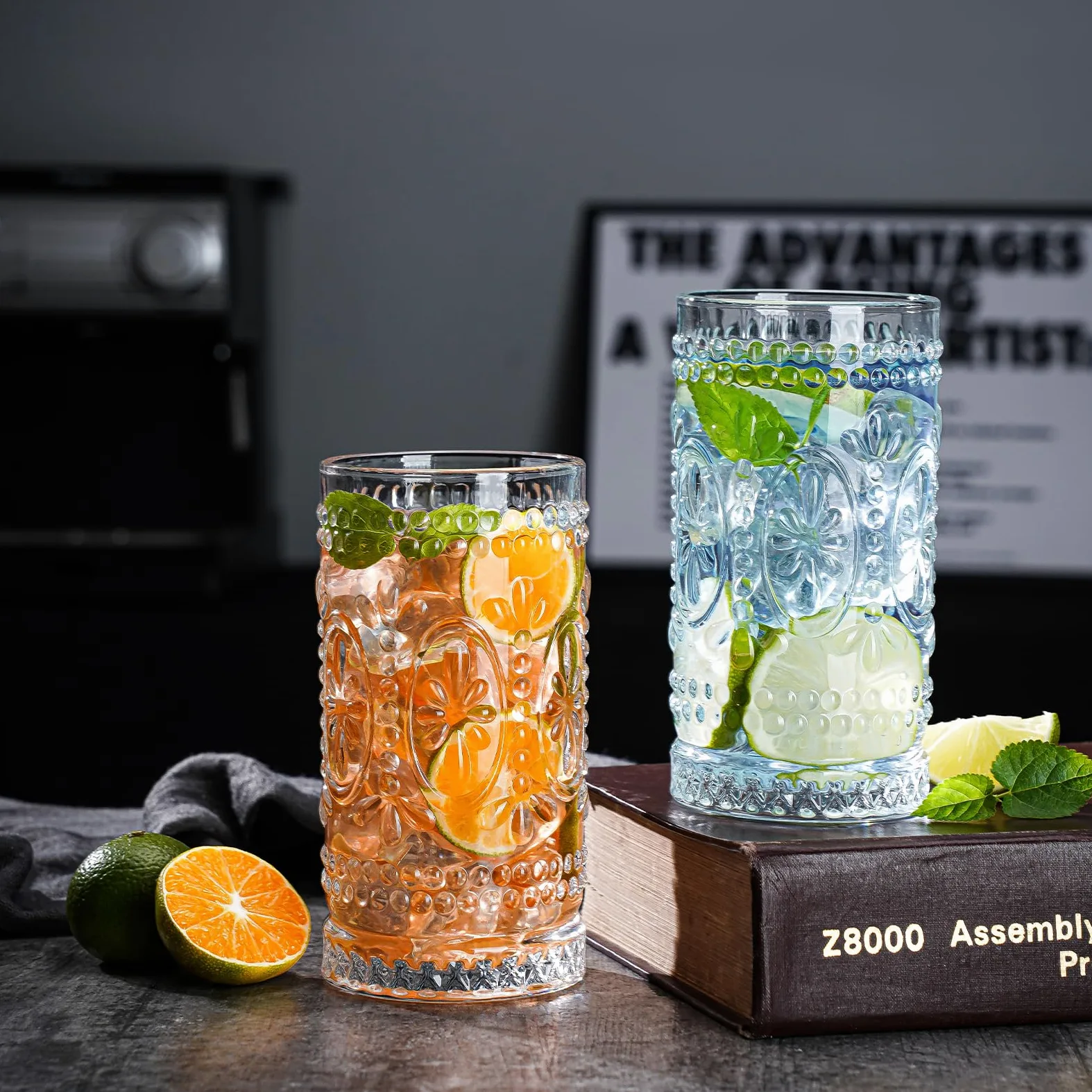 Vasos vintage para beber, 8 vasos de vidrio románticos, vasos altos de 15 onzas, vasos altos de agua, tazas de mojito, vaso de cóctel, juego de cristalería vintage para agua, jugo, cóctel