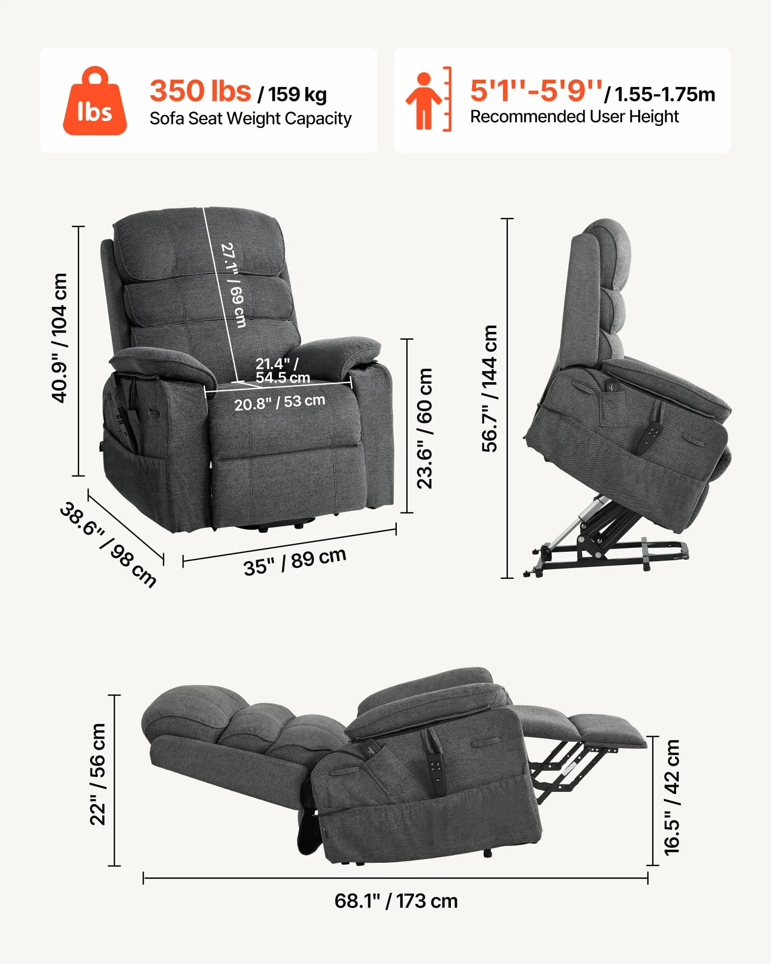 VEVOR Sillón Relax Reclinable Eléctrico, Sillón Reclinable Levantapersonas, con Reposapiés Calefacción Masaje Mando a Distancia Bolsillos Laterales, Tela Chenilla, para Salón Dormitorio, Gris Oscuro