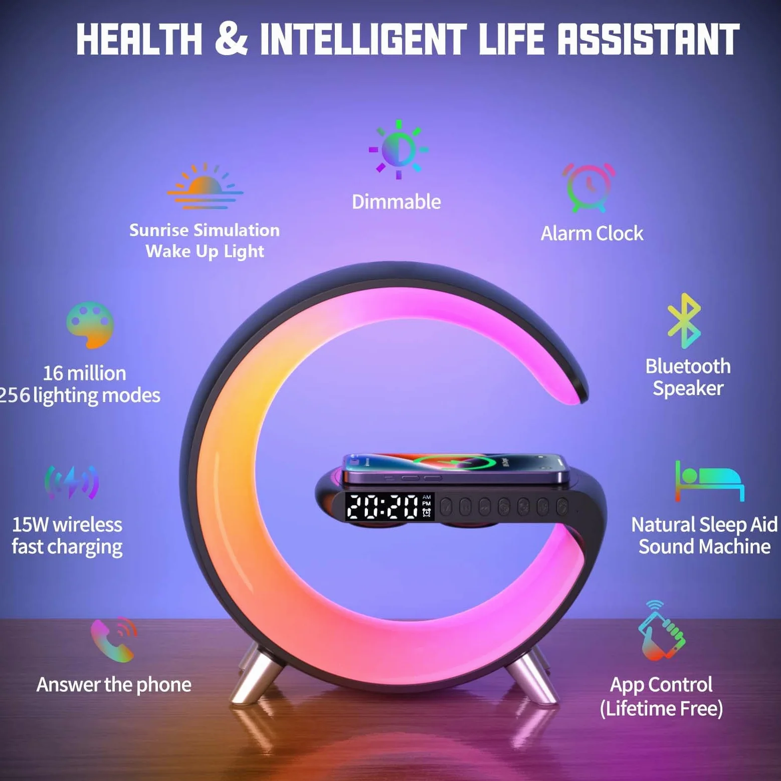 Reloj Despertador, Reloj Despertador con luz Que simula el Amanecer, lámpara de Ambiente con Carga inalámbrica para quienes Tienen sueño Profundo.