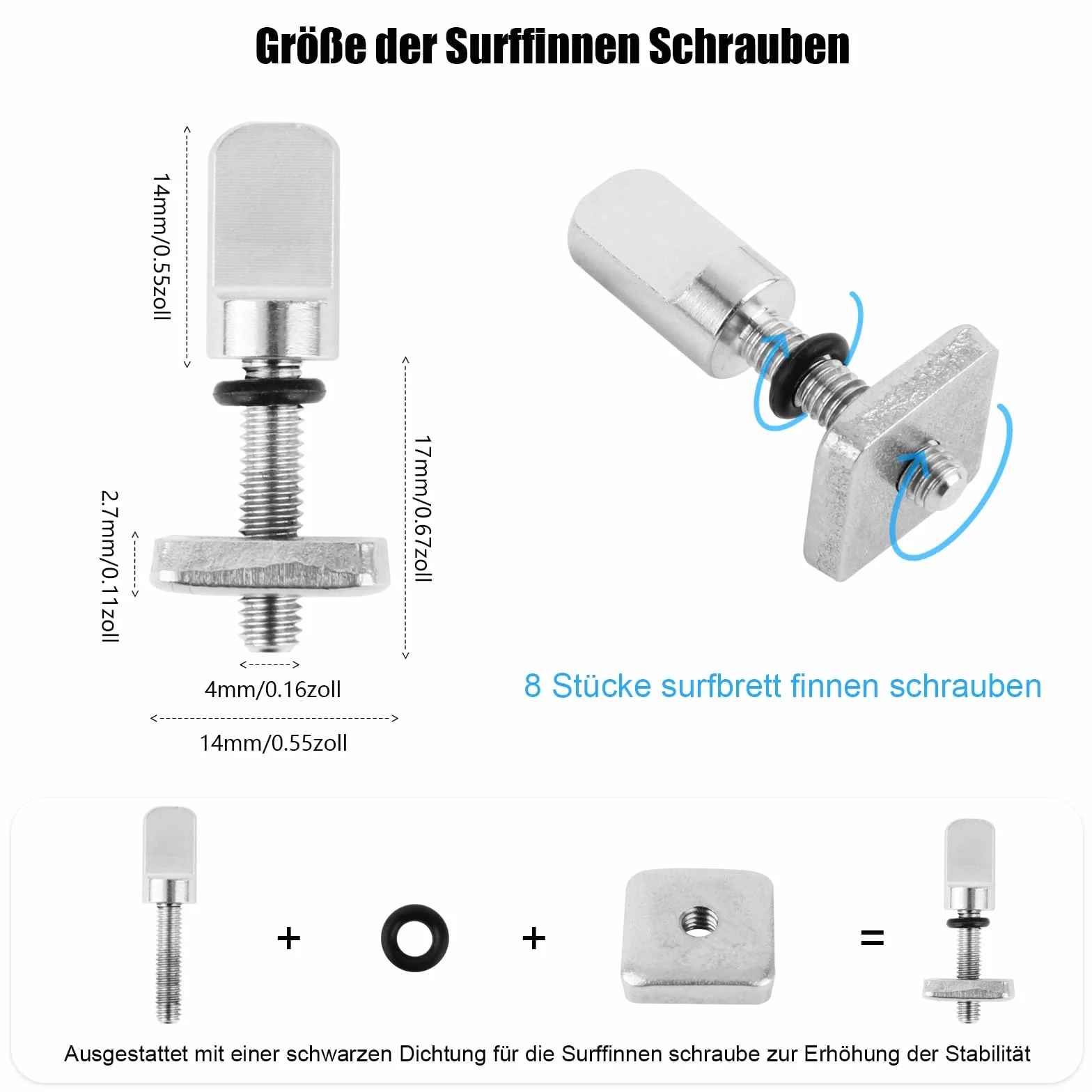 8 tornillos de aleta Sup de acero inoxidable 316, tornillo de tabla de surf, tornillo universal de aleta trasera, accesorios de aleta, tornillos de aleta para tabla de surf, tornillos para aletas