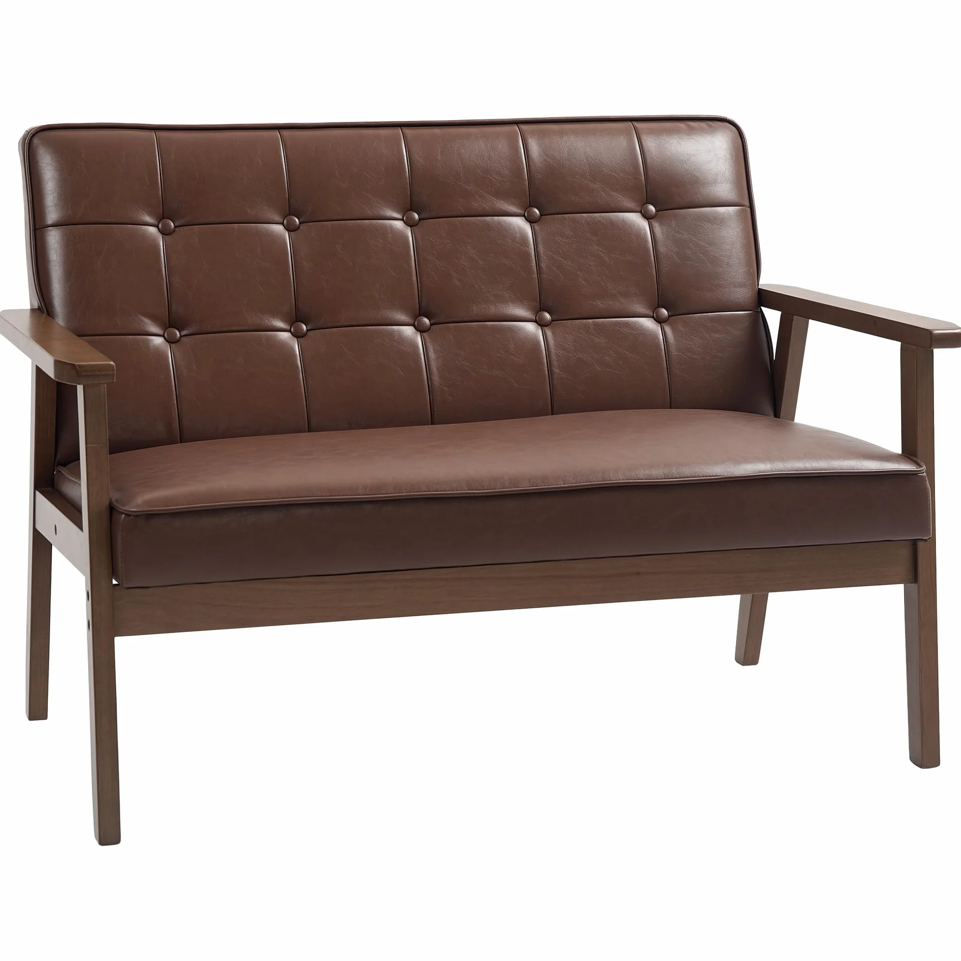 HOMCOM Sillón de 2 Plazas Sofá de 2 Plazas Tapizado en PU con Reposabrazos de Madera Respaldo Acolchado Carga 250 kg Sillón para Salón Dormitorio Marrón