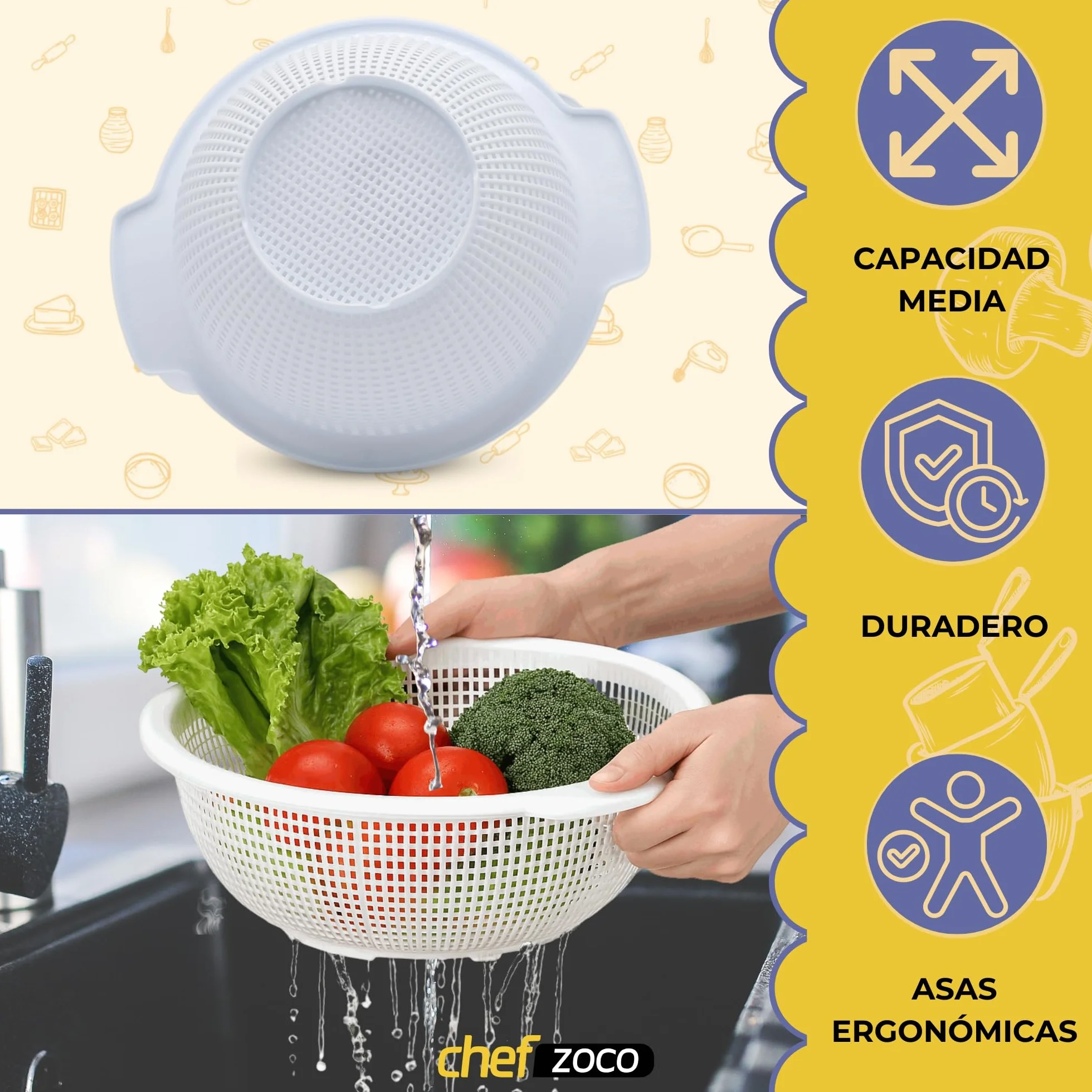CHEFZOCO Escurridor de plástico, Colador de cocina, Colador multiusos, escurridor pasta, escurridor para frutas y verduras, Diámetro superior 23 cm, Libre de BPA, Capacidad 4 Litros, Plástico, Blanco