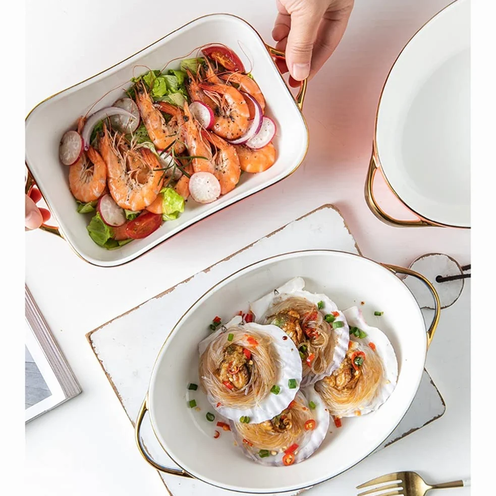 Fuente para Hornear Conjunto de 2 platos for hornear de cerámica Cena redonda de platos, cacerola de asado seguro de horno con asas de plato óvalo, alimentación que sirve las bandejas de la cena Bande