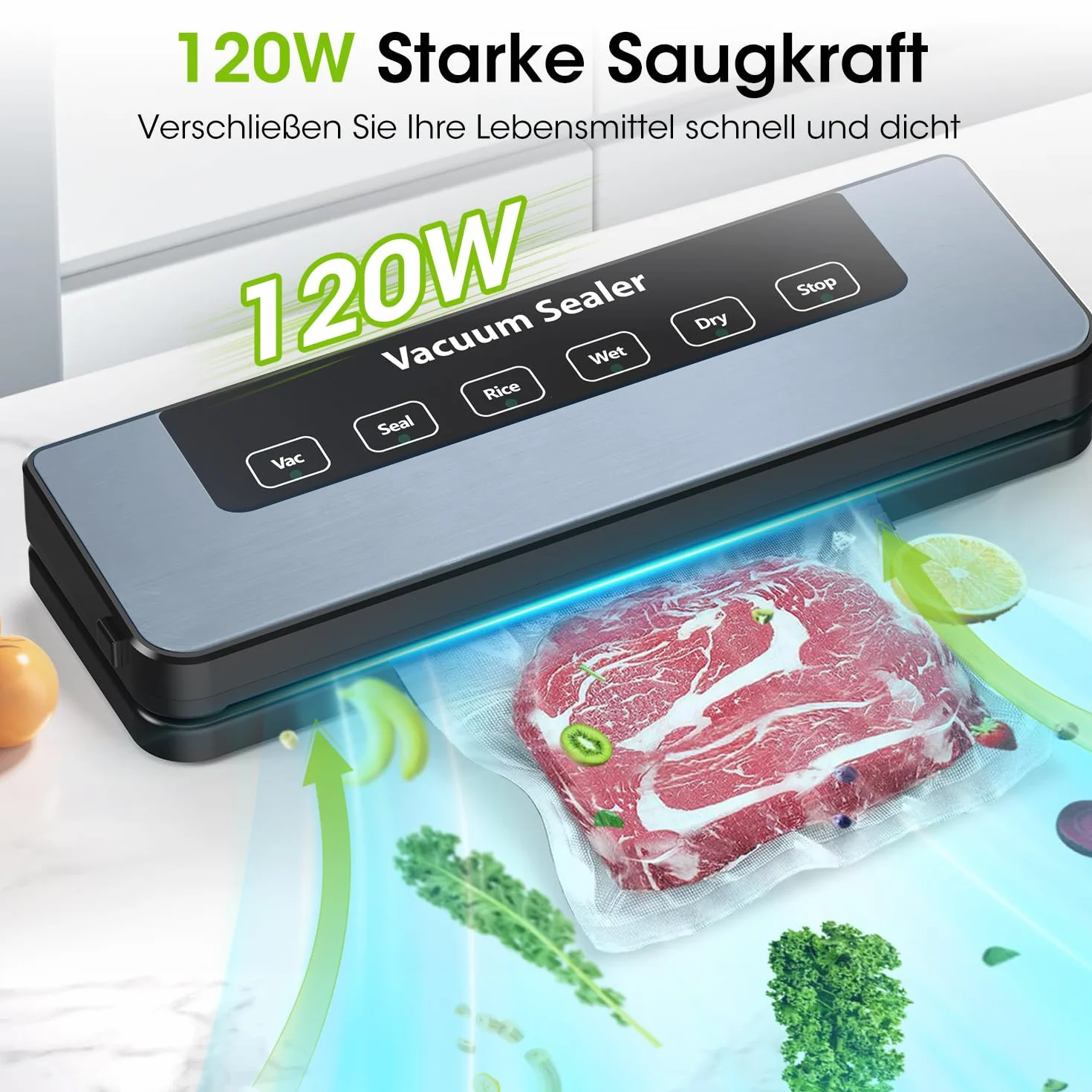 Vexloria Máquina de Vacío 65Kpa, 5 en 1 Conservación de Alimentos | Modos Seco y Húmedo | 30 Bolsas de Vacío Incluidas | Vakuumizador Profesional para Alimentos, Negro