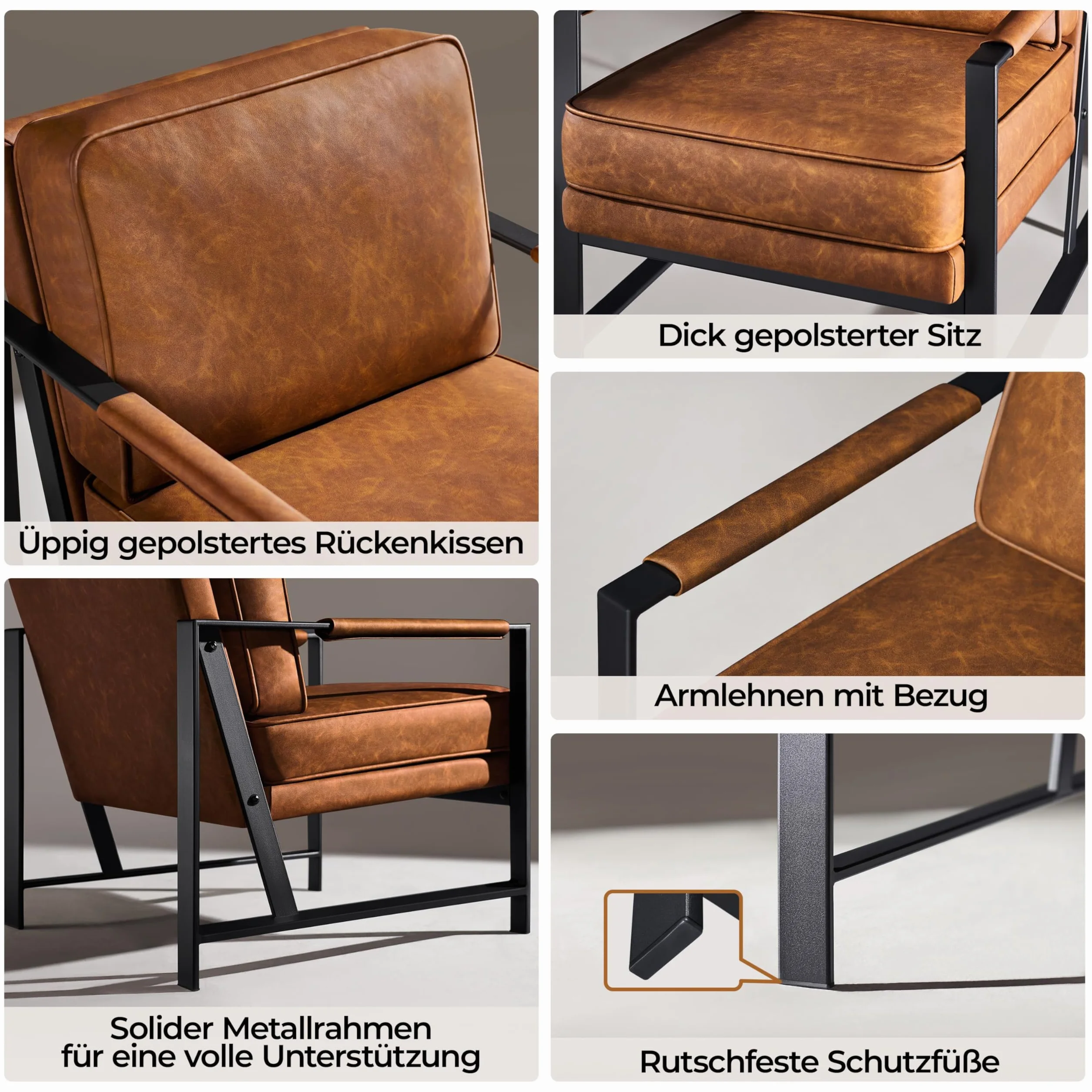 Yaheetech Sillón reclinable retro con respaldo individual con marco de metal y piel sintética, color marrón claro