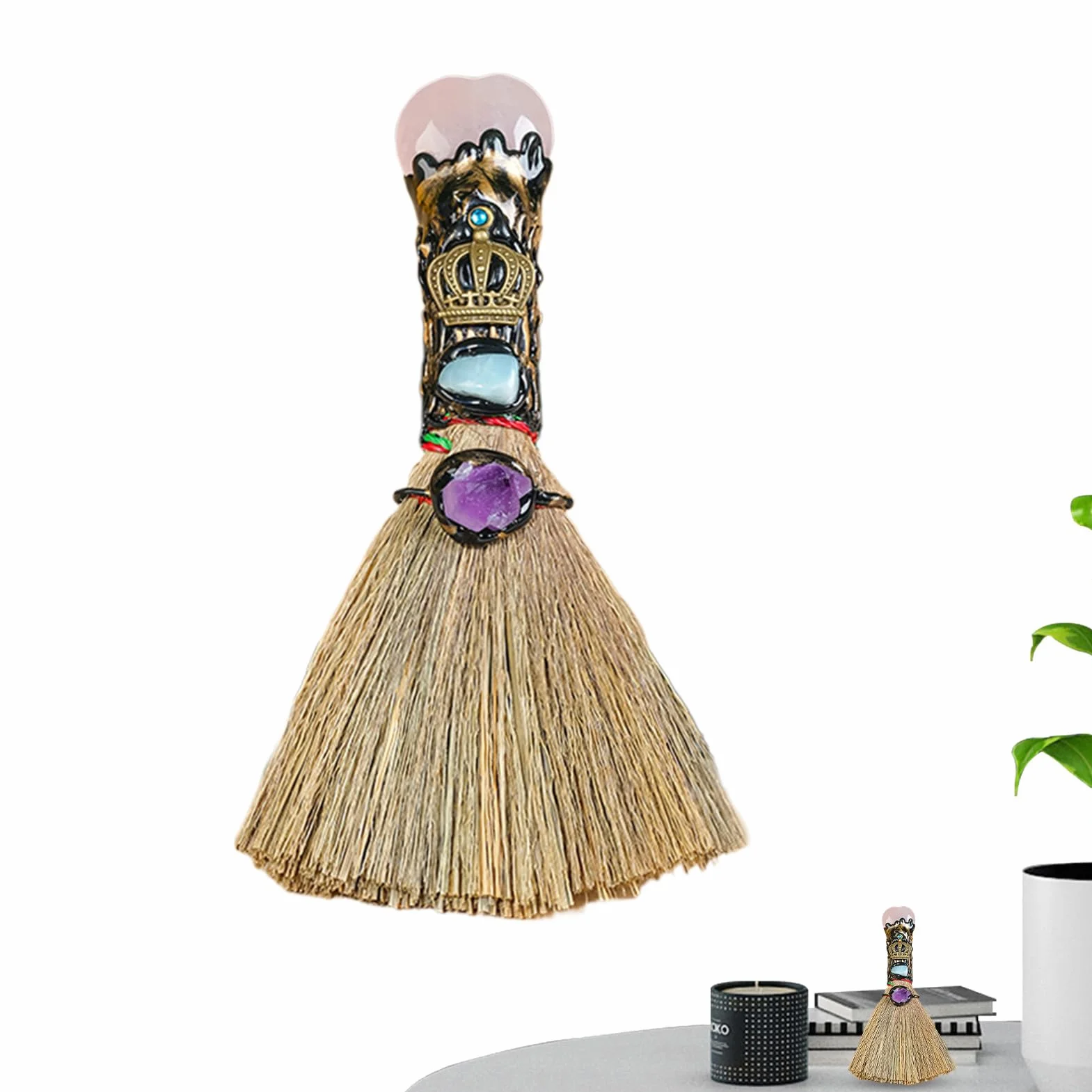 Escoba de altar de bruja | Escoba de bruja en forma de corazón de cristal para altar | Escoba de bruja para decoración del hogar, adornos curativos de Fengshui para el hogar, coche, oficinas, altar