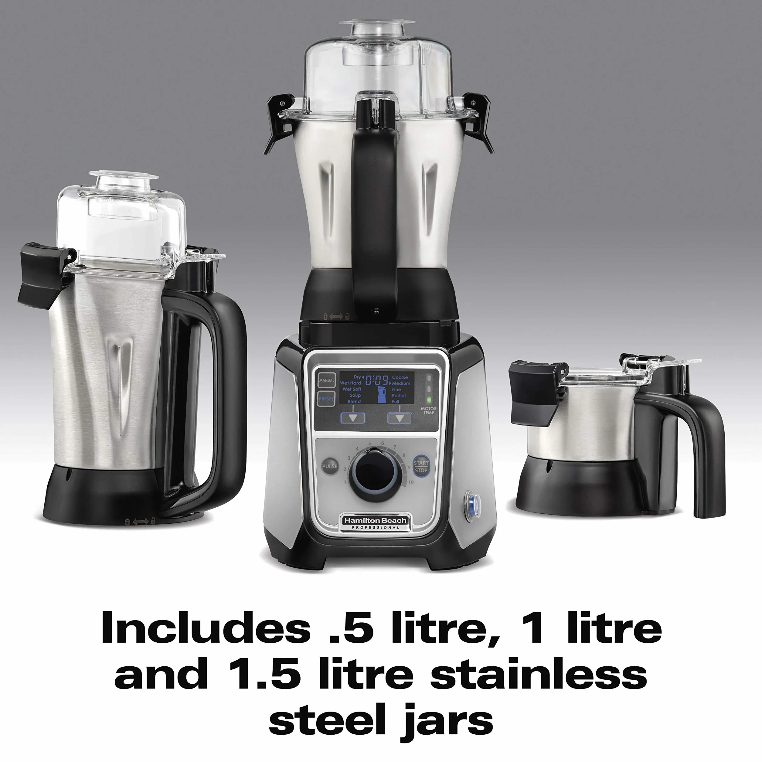 Hamilton Beach - Molinillo mezclador profesional 4 en 1, motor de grado comercial de 1400 W, 120 V, 3 tarros a prueba de fugas, para especias húmedas y secas, chutneys y curries, diseñado en India y