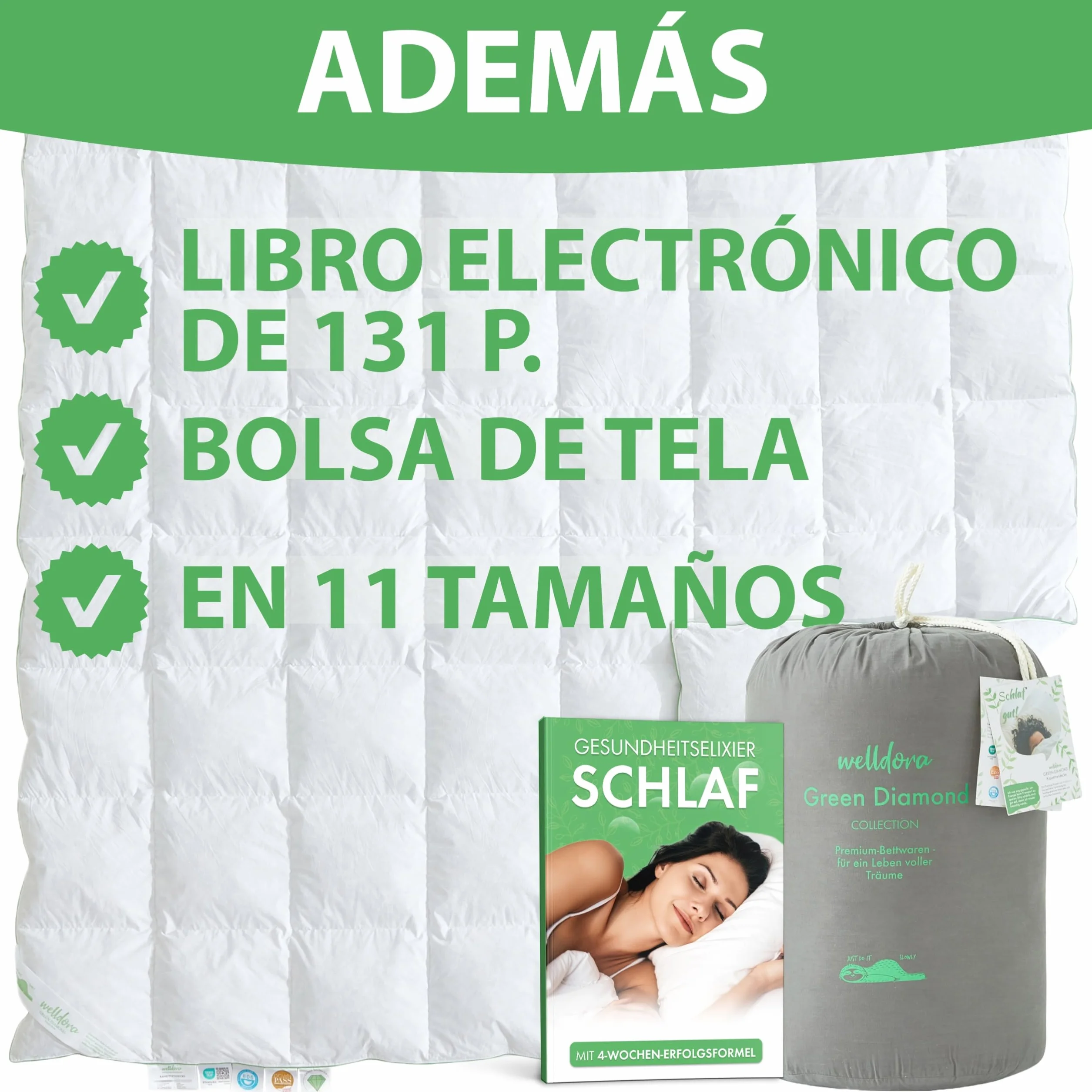 Welldora Edredón Invierno Verano de Plumas para Cama de 105 x 200 | 100% Edredón Nórdico de Plumas y Plumón Extrasuave | Médicamente Probado, Oeko-Tex, Hipoalergénico | Certificado RDS | 200 x 200 cm