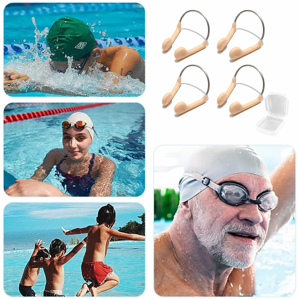 Clips de nariz para natación, 4 protectores de silicona impermeables con caja