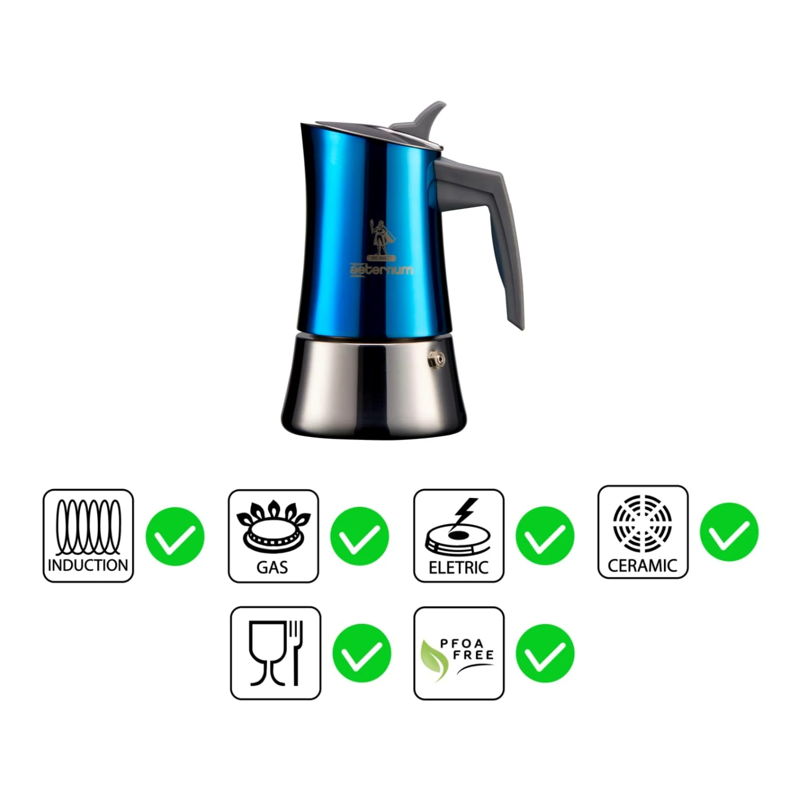 Aeternum, La Divina Re Inox, Cafetera 4 Tazas, Apta para Inducción, Acero Inoxidable, Azul y Plata