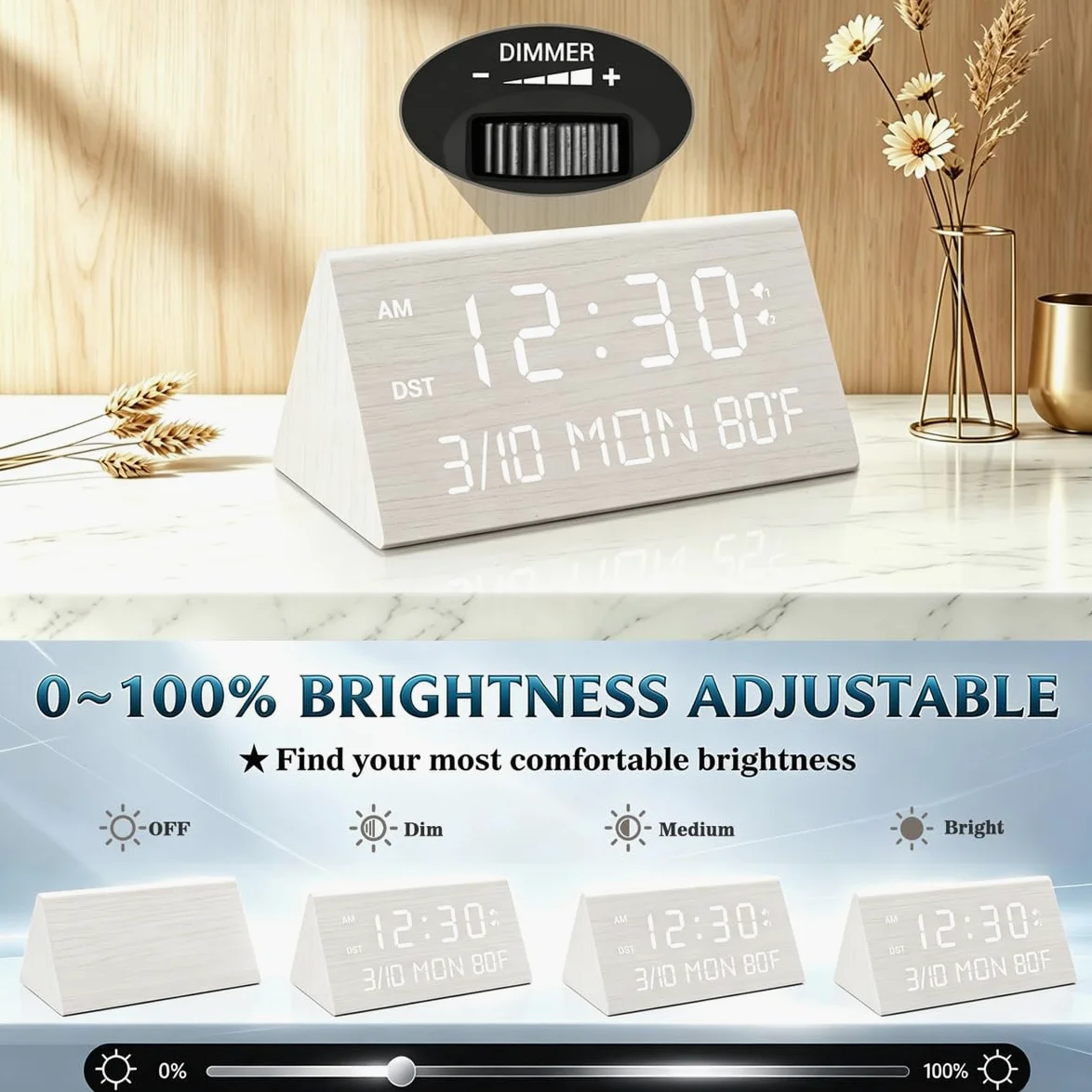Kogonee Reloj despertador digital de madera, 0100% de brillo y volumen, detección de temperatura, fecha, modo de día de semanafin de semana, doble alarma, 9 minutos de repetición, 1224H, reloj LED