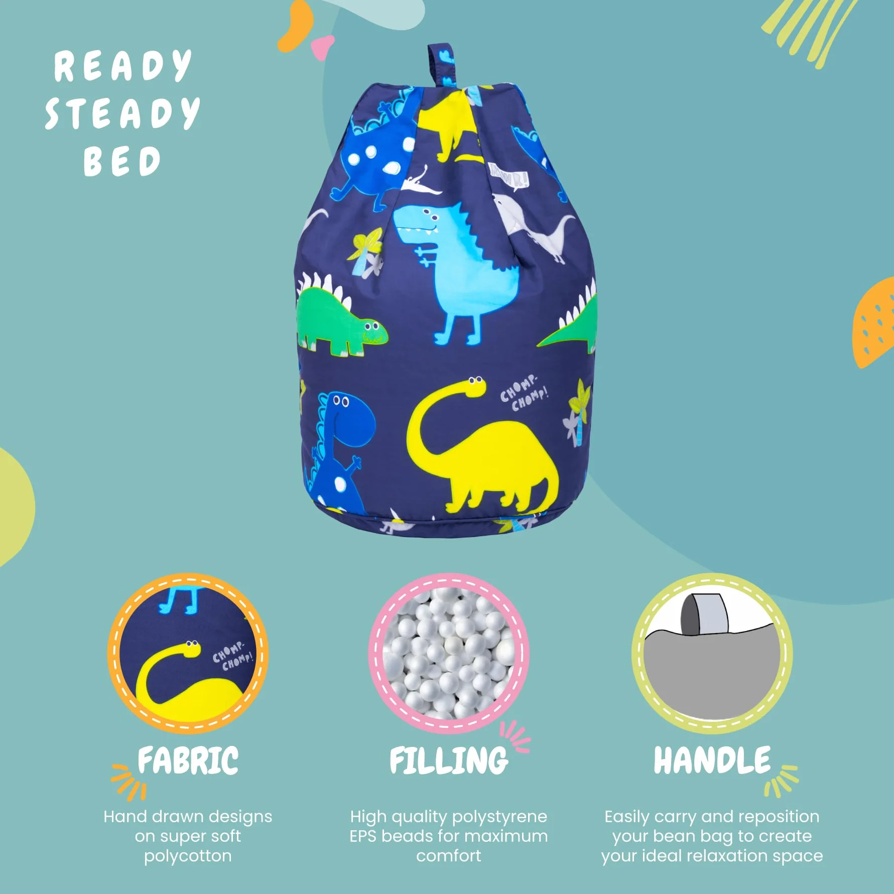 Ready Steady Bed Sillón para Niños Pequeños Tipo Puff Pera | Muebles Cómodos para niños | Sofá Suave de Sala de Juegos para Niños | Ergonómicamente Diseñado (Dino Dark)