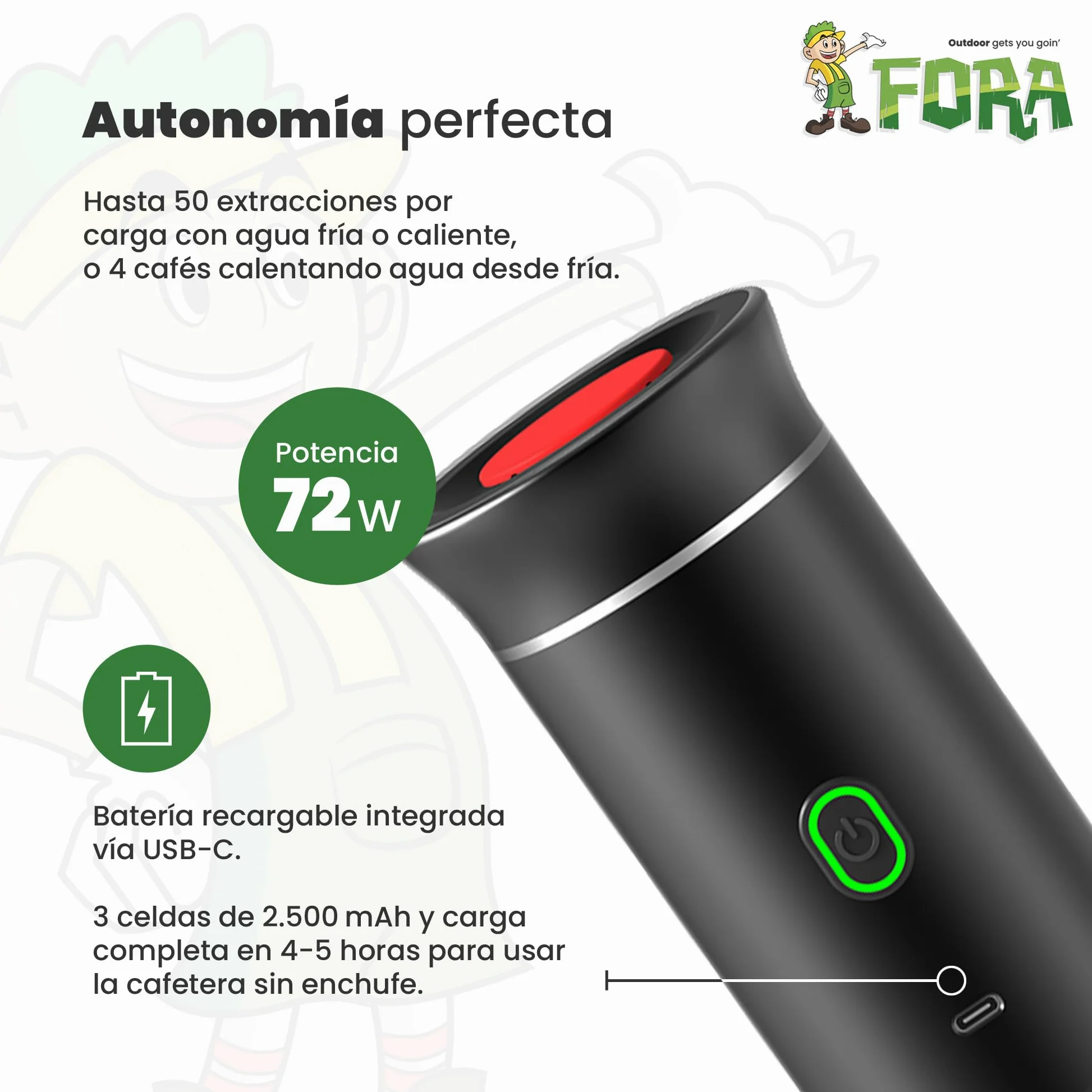 FORA Cafetera Portatil Espresso 3 en 1 - Capsulas y Cafe Molido, 20 Bares | Compatible Nespresso Original y Dolce Gusto. Bateria recargable USB-C, frio y caliente. Ideal coche, camping, oficina.