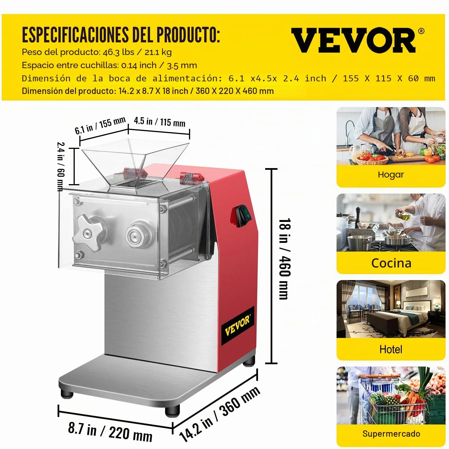 VEVOR - Máquina de corte de carne comercial, 250 kg/h, 850 W, hoja de 3,5 mm, cortador de carne eléctrico de acero inoxidable, para cocina, supermercado, cordero, carne de res, pollo, rojo