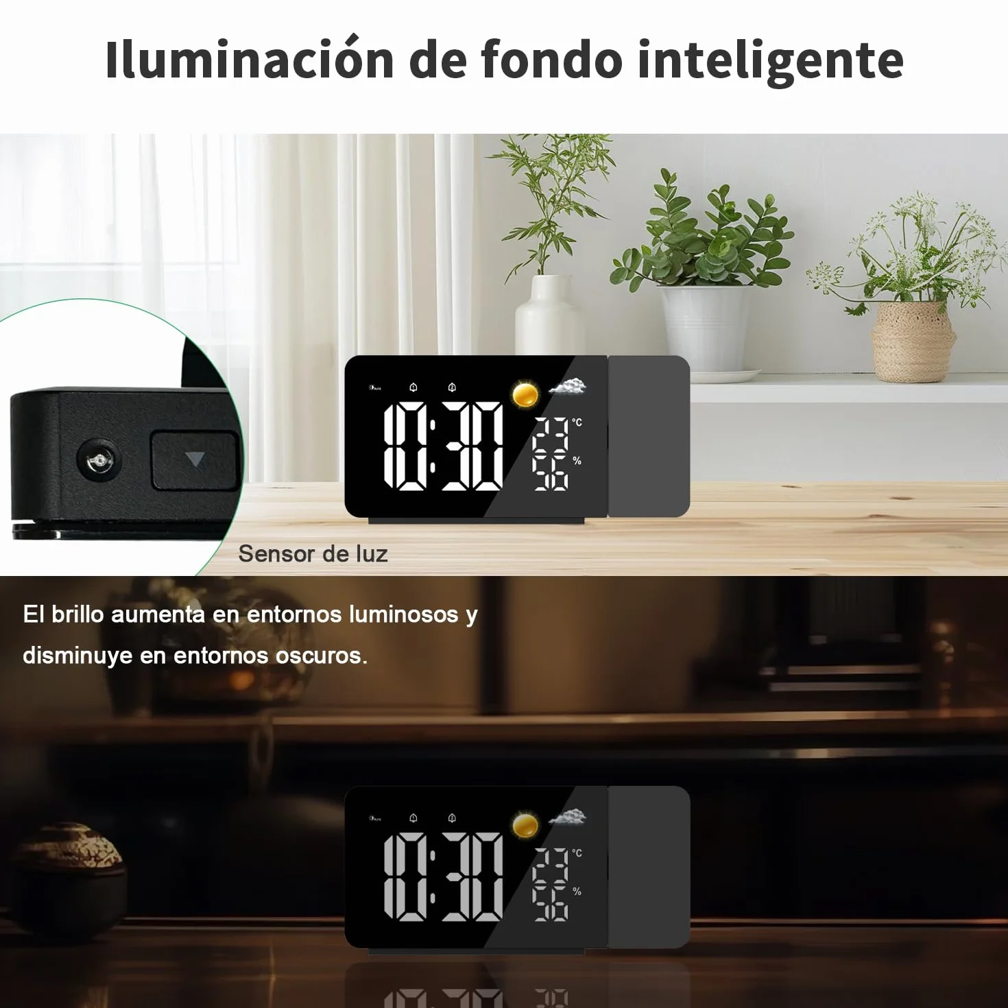 Uzoli EM3211A Despertador con proyector techo y pantalla LED, Previsión del tiempo 8h, Temperatura, Humedad, 2 Alarmas, Función de snooze, Proyección de 180°, 10 Tonos, Reloj ideal para casa u oficina