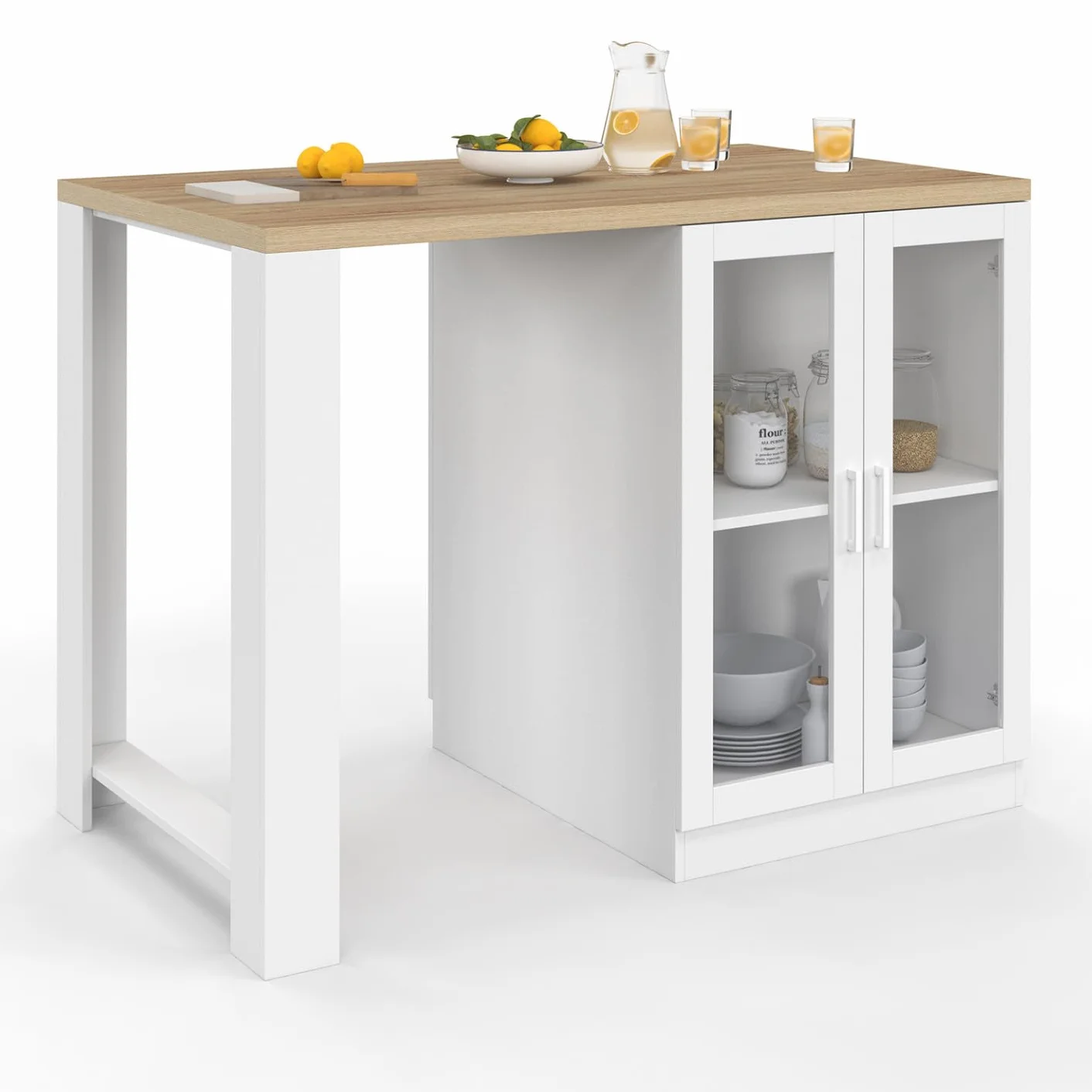 IDMarket – Ilot Central Lino 120 cm 2 personas madera blanca y encimera de madera y puertas acristaladas