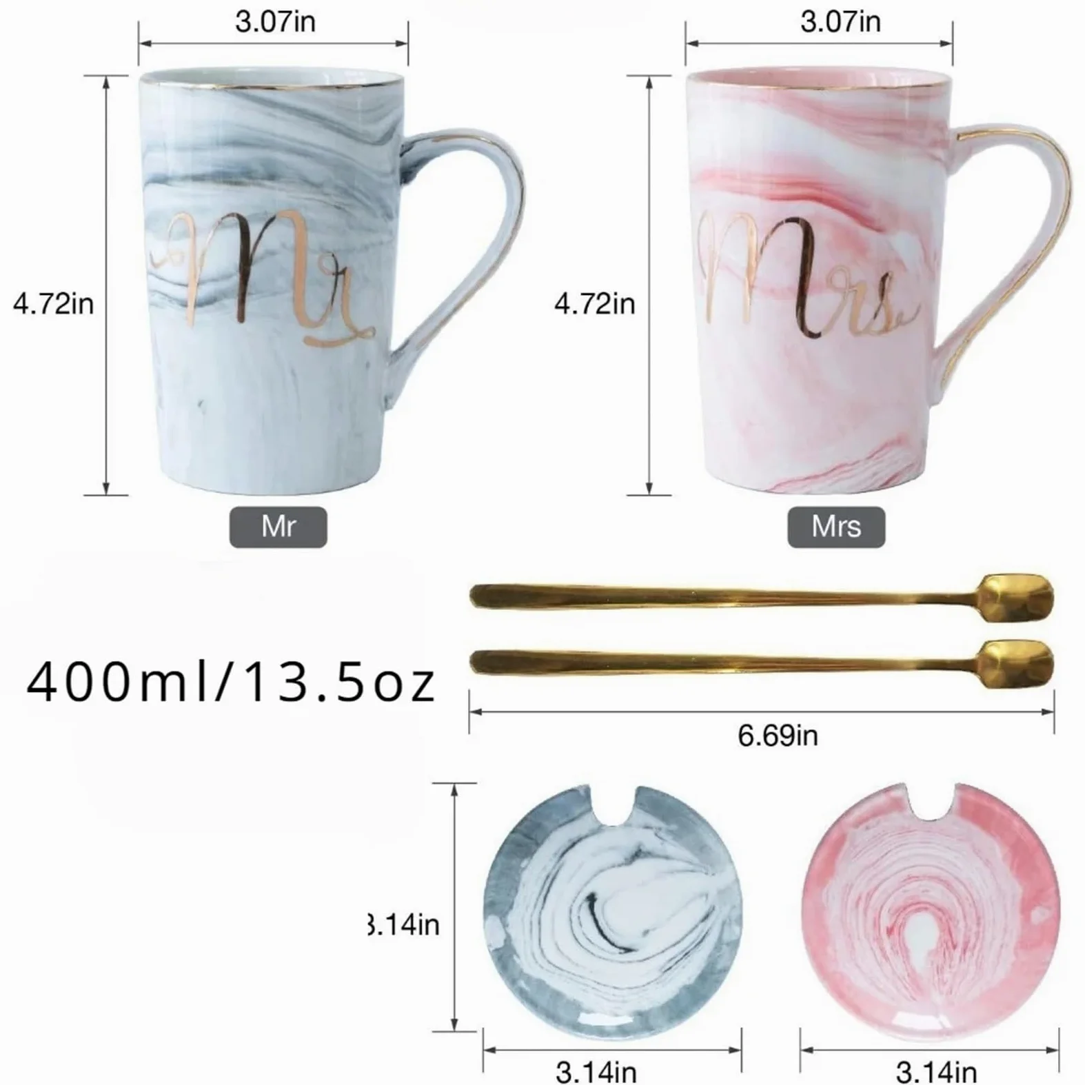 Taza de cerámica de mármol de 13,5 oz, juego de tazas de café Mr And Mrs for novia y novio, compromiso de aniversario de boda Para Boda(Pink Grey01)
