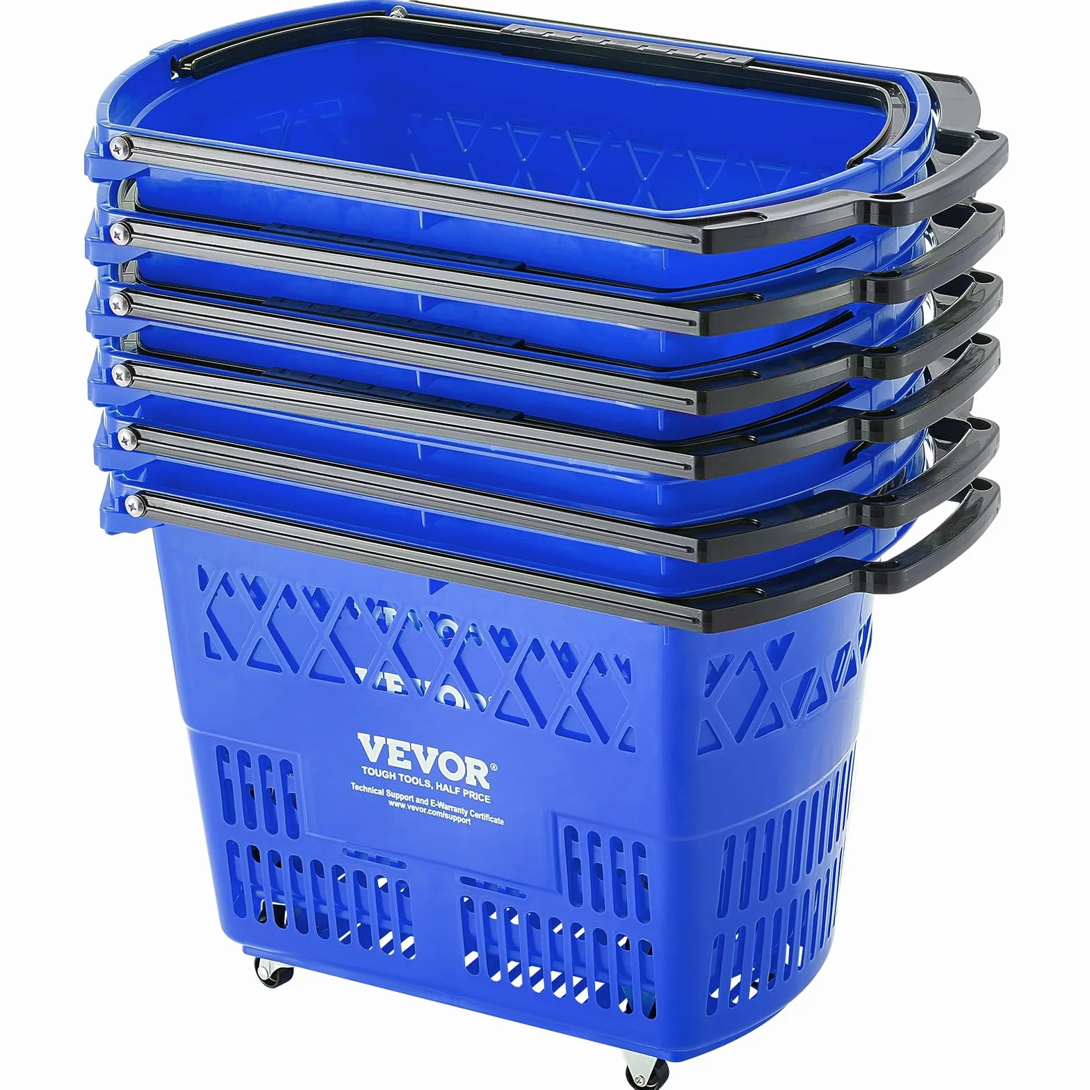 VEVOR Cesta Azul de la Compra, 6 Piezas, 39 L, Carros de la Compra con Asas y Ruedas de Plástico de 540 x 530 x 365 mm, Cesta de la Compra Portátil Grande para Supermercado, Tiendas Minoristas