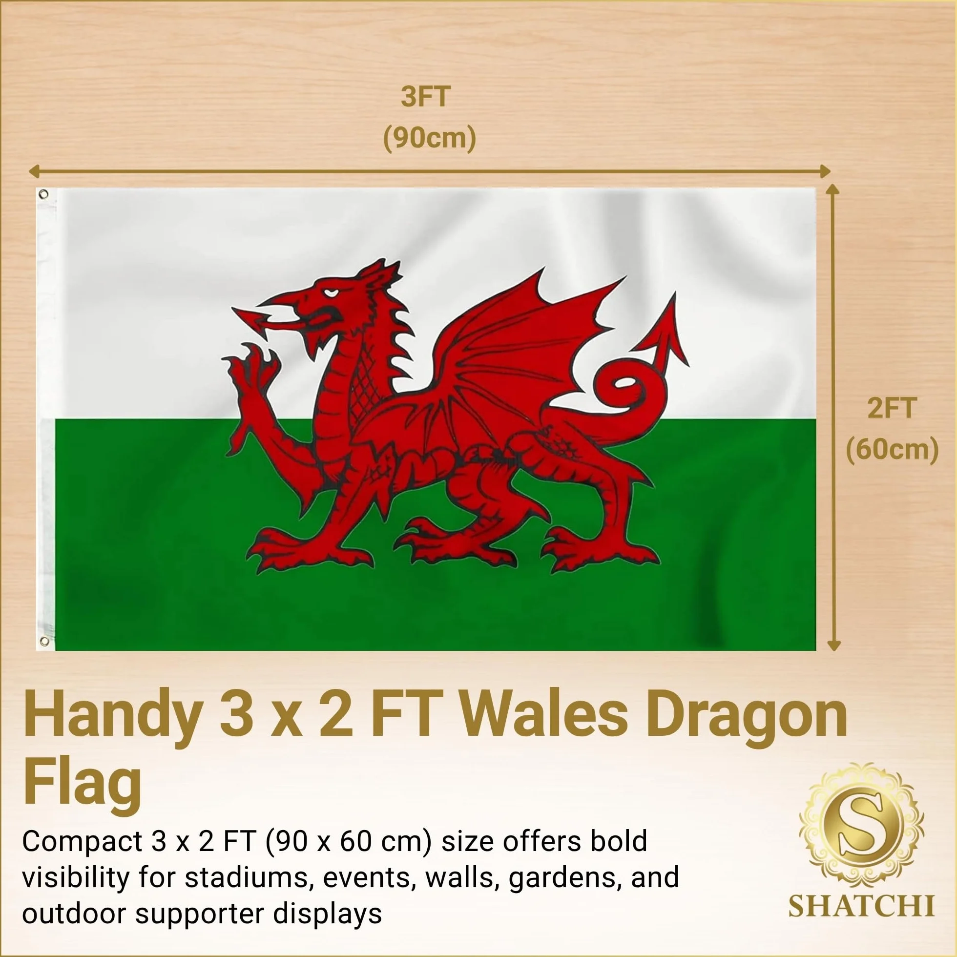 SHATCHI Grande bandera de Gales dragón galés Cymru 3x2 pies poliéster ojales latón