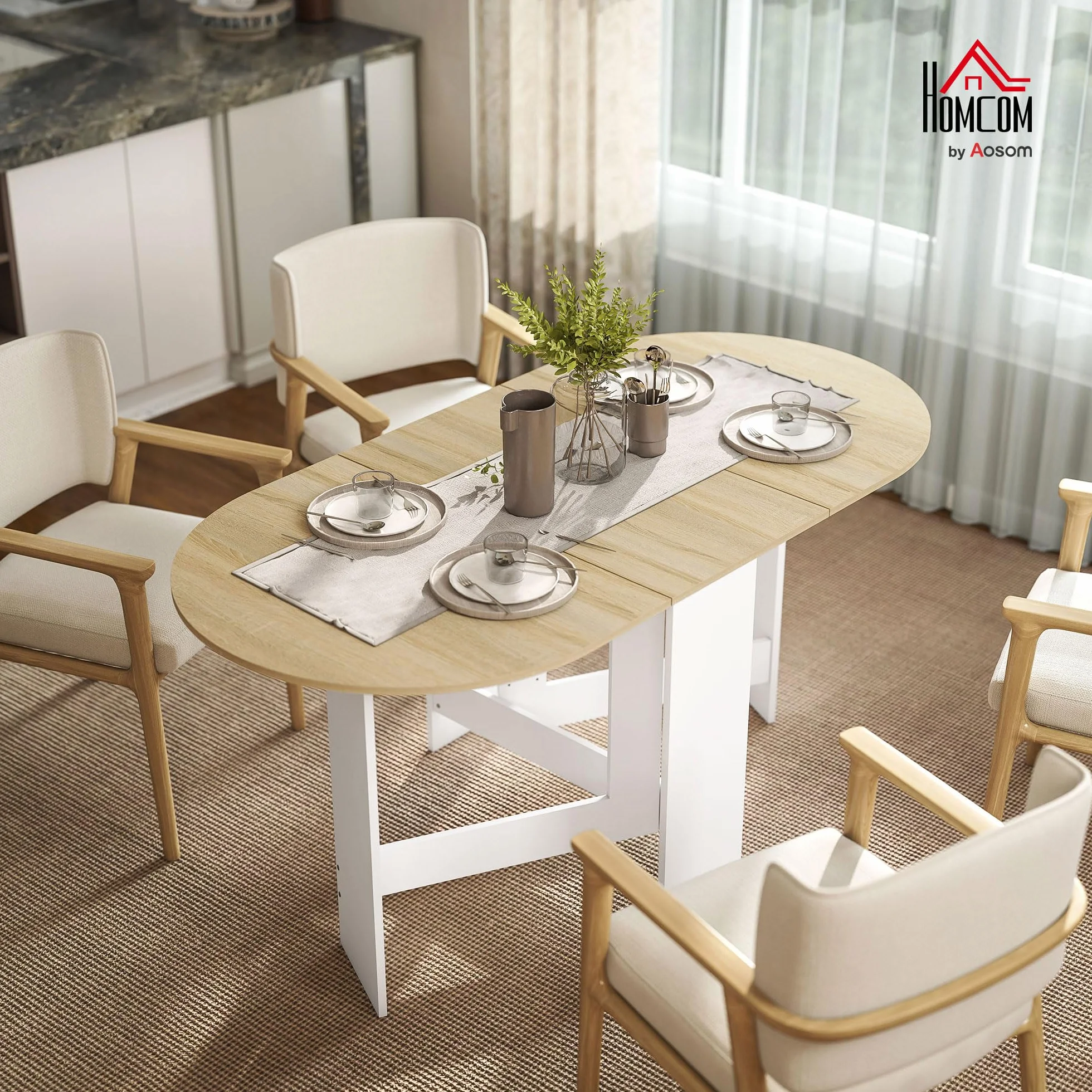 HOMCOM Mesa Plegable de Comedor, Mesa de Cocina Plegable Ovalada, 163x80x75 cm con Alas Abatibles, hasta 6 Personas, para Comedor, Salón, Espacio Pequeño, Natural