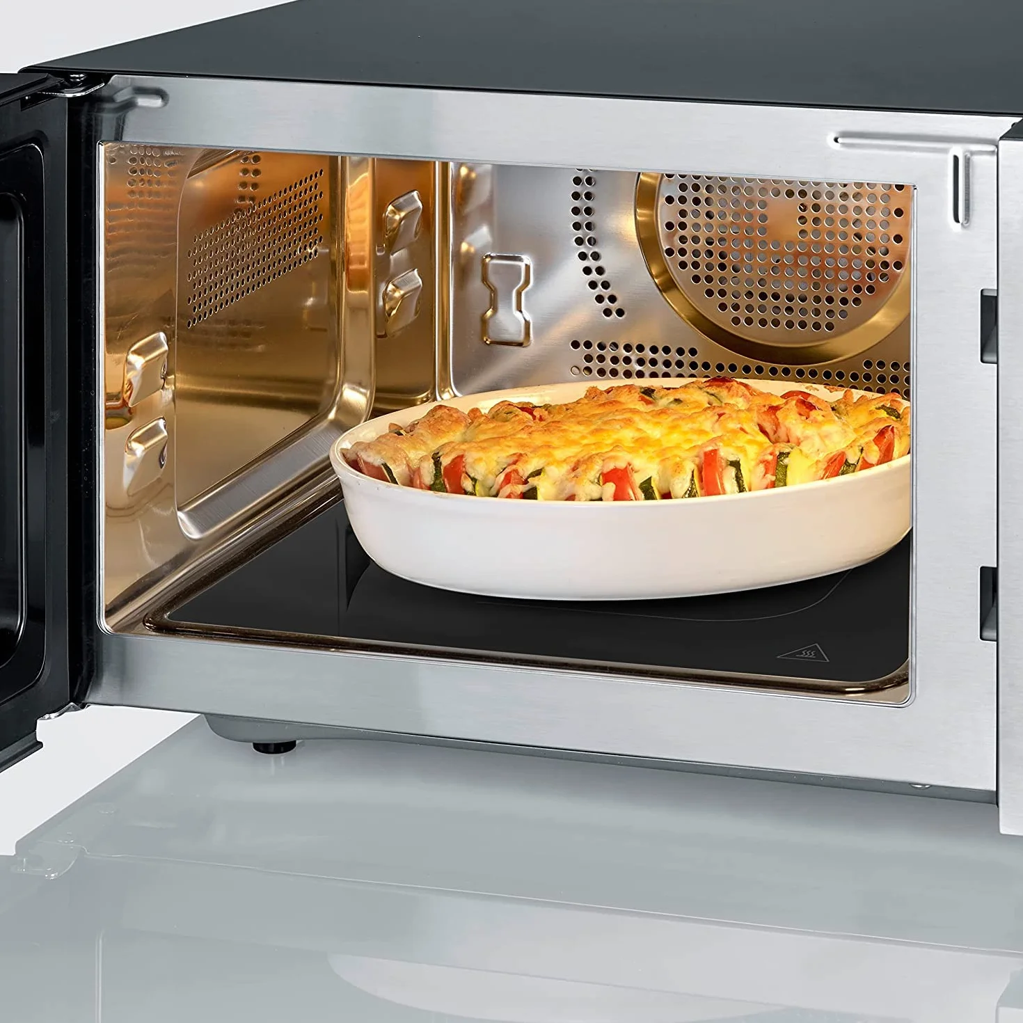 SEVERIN Microondas 3 en 1, microondas con grill, convección y base de vidrio, microondas digital amplio para platos cuadrados, acero inoxidable/negro mate, MW 7777