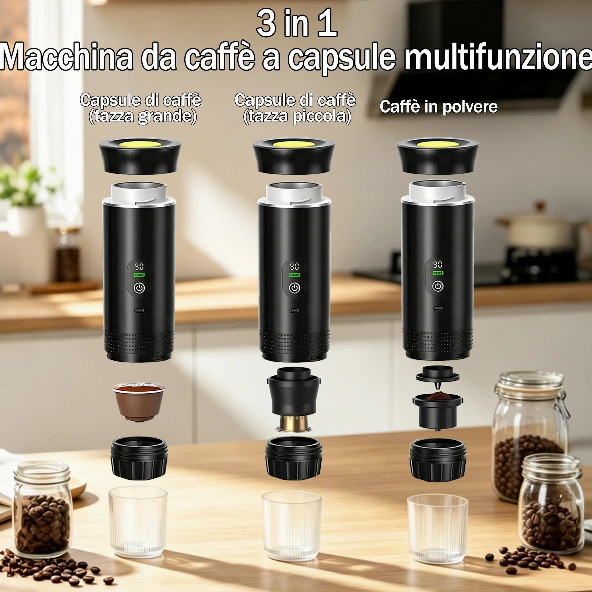 Portable Coffee Maker 3 en 1 Espresso Machine USB-C Mini Electric Hot Water Coffee Maker Compatible with Ness-Preso, Dolce-Gusto and Ground Coffee Capsules