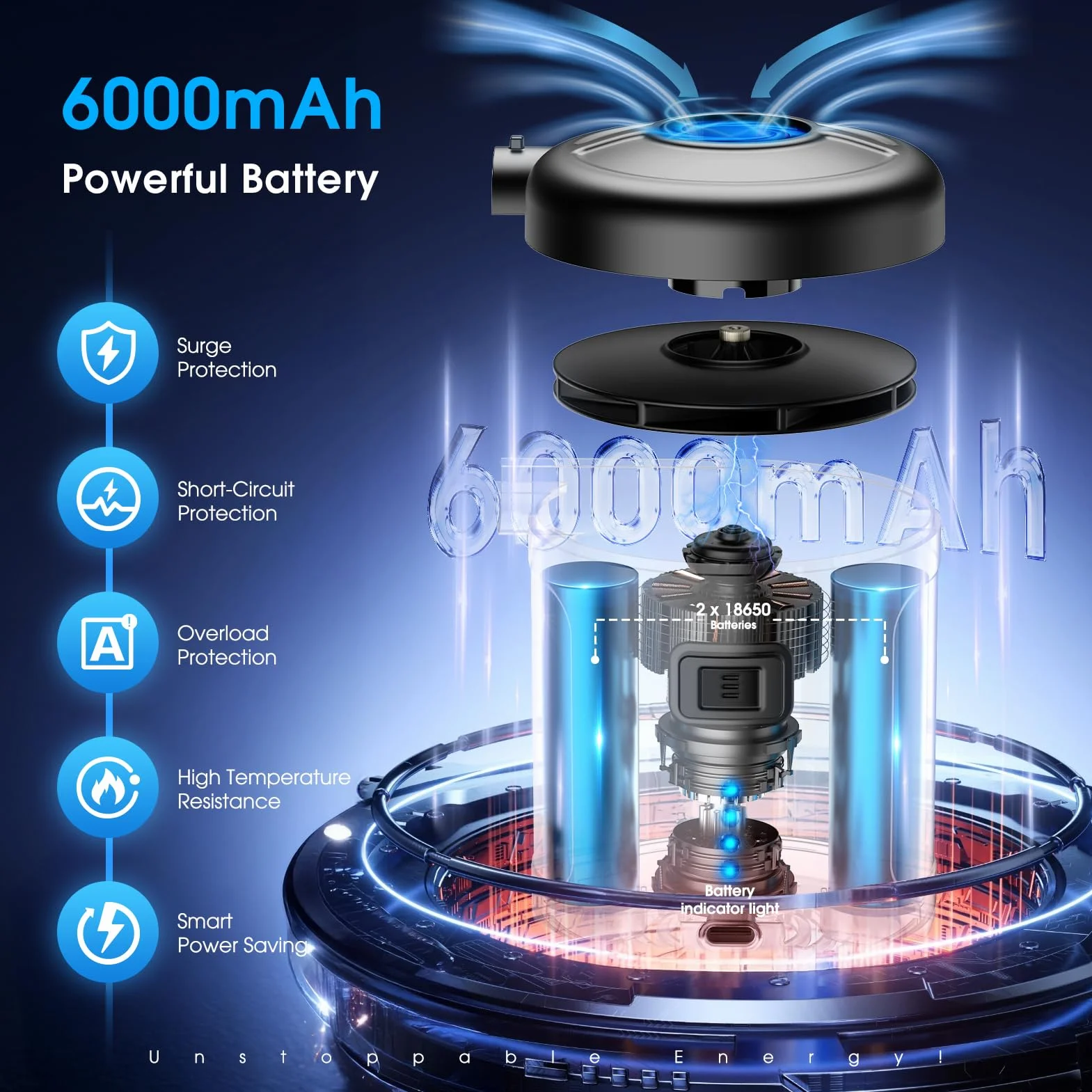 Inflador Eléctrico 6000mAh Bomba de Aire Portátil Recargable con 5 Boquillas para Colchón Hinchable, Bote Inflable, Piscina Infantil