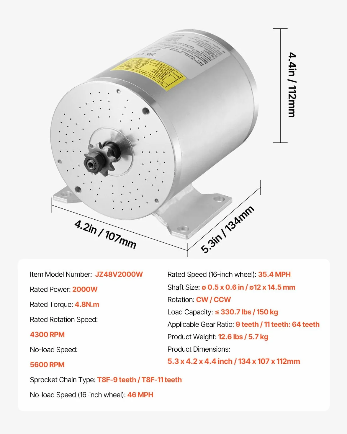 VEVOR Bezszczotkowy Silnik Elektryczny DC 2000W 48V 4300 RPM z Kontrolerem Prędkości i Manetką