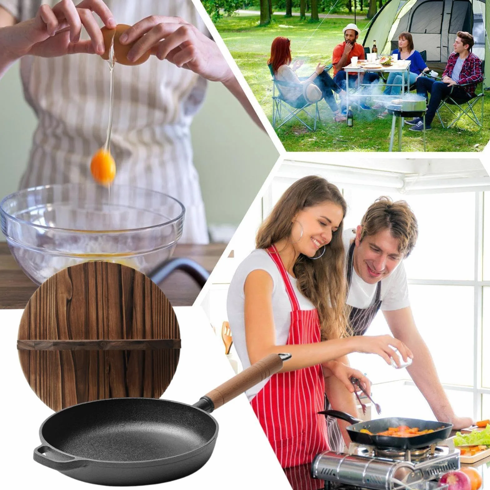 Sartenes De Hierro Fundido Sartén Antiadherente Con Mango Madera Ergonómico | Plancha Grill Cocina Para Cocinar, Hogar, Camping, Dorar, Hornear, Saltear, Tortilla, Pescado, Huevos