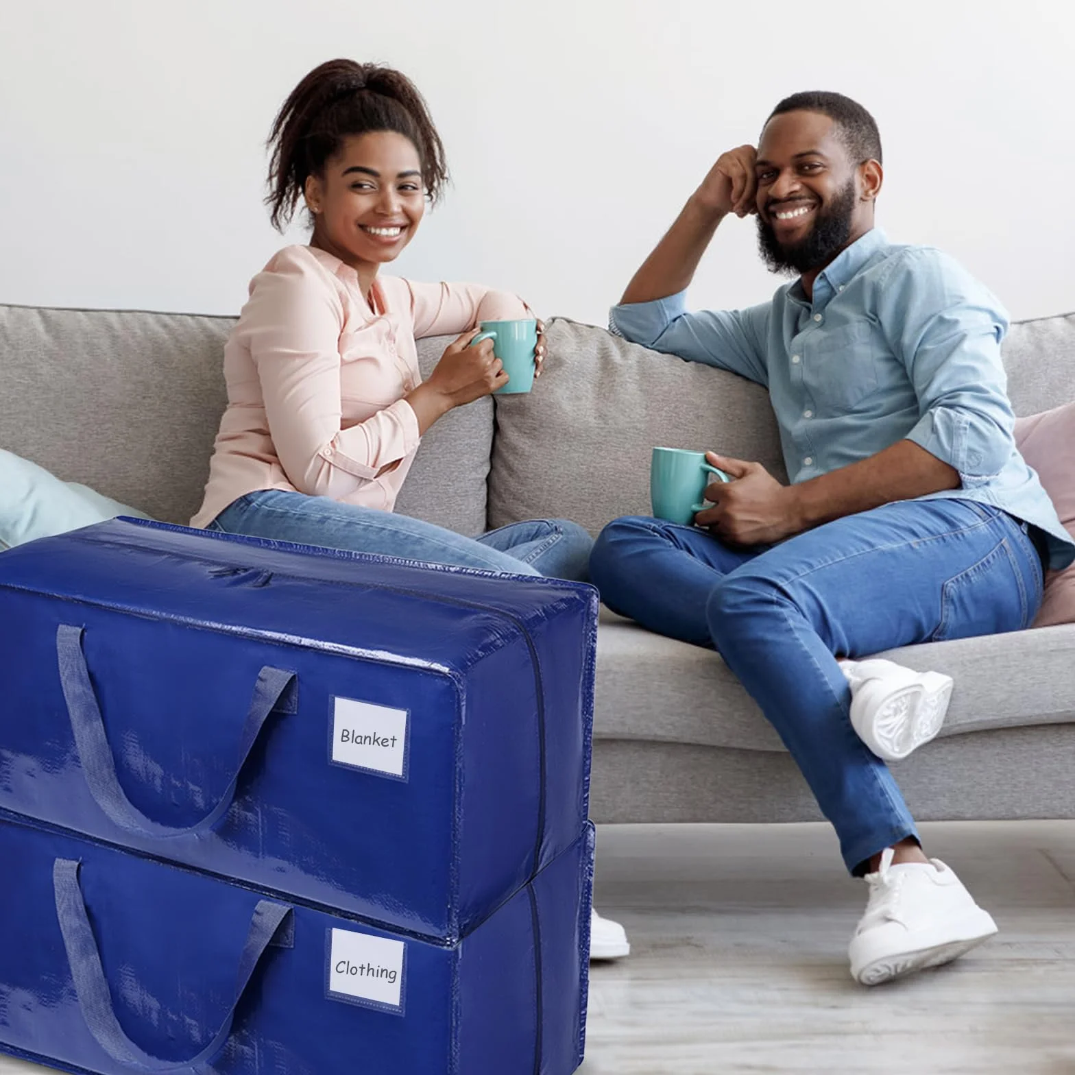 Pack de 6 Grande Bolsa de Almacenamiento de Poliéster, Impermeable Bolsas de Mudanza con Cremallera y Asa, Cajas de Mudanza de Gran Capacidad para Ahorrar Espacio y Embalar, Azul