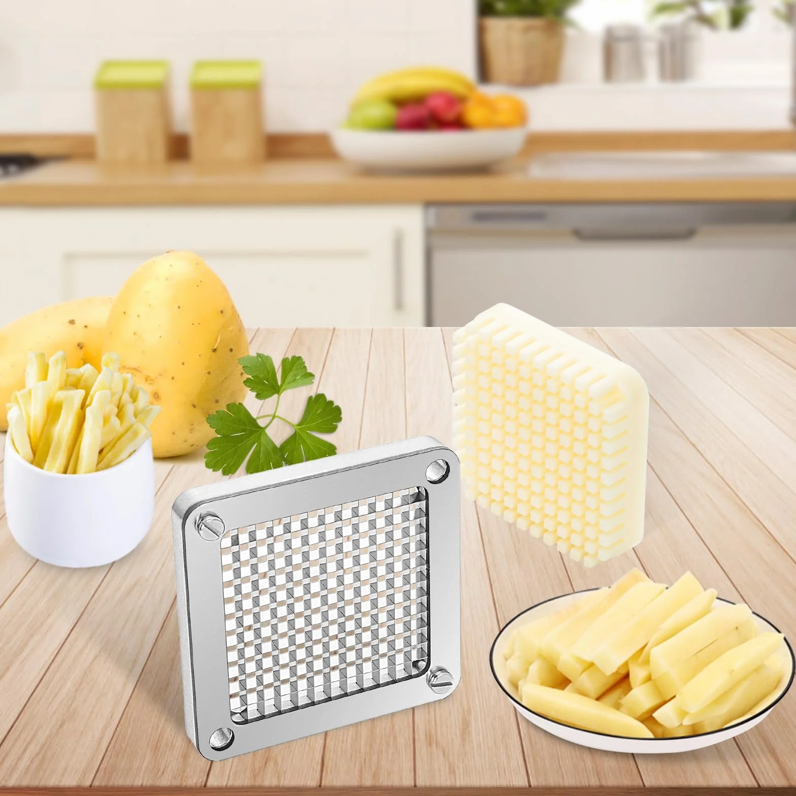 VEVOR Cuchilla picadora de repuesto 1/4" 3 piezas de cuchilla para freír francesa con 6 cuchillos adicionales piezas de acero inoxidable y bloque de empuje para cortar patatas, zanahorias, pepinos