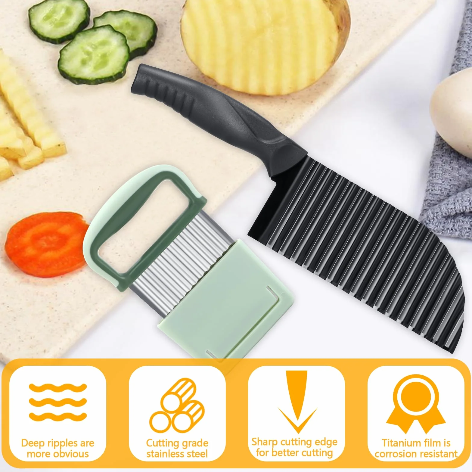 2 Piezas Cortador Ondulado de Patatas de Acero Inoxidable,cuchillo ondulado de acero inoxidable,cuchillo para papas fritas,cortador ondulado con cubierta protectora,para Cortar verduras,ensalada,fruta
