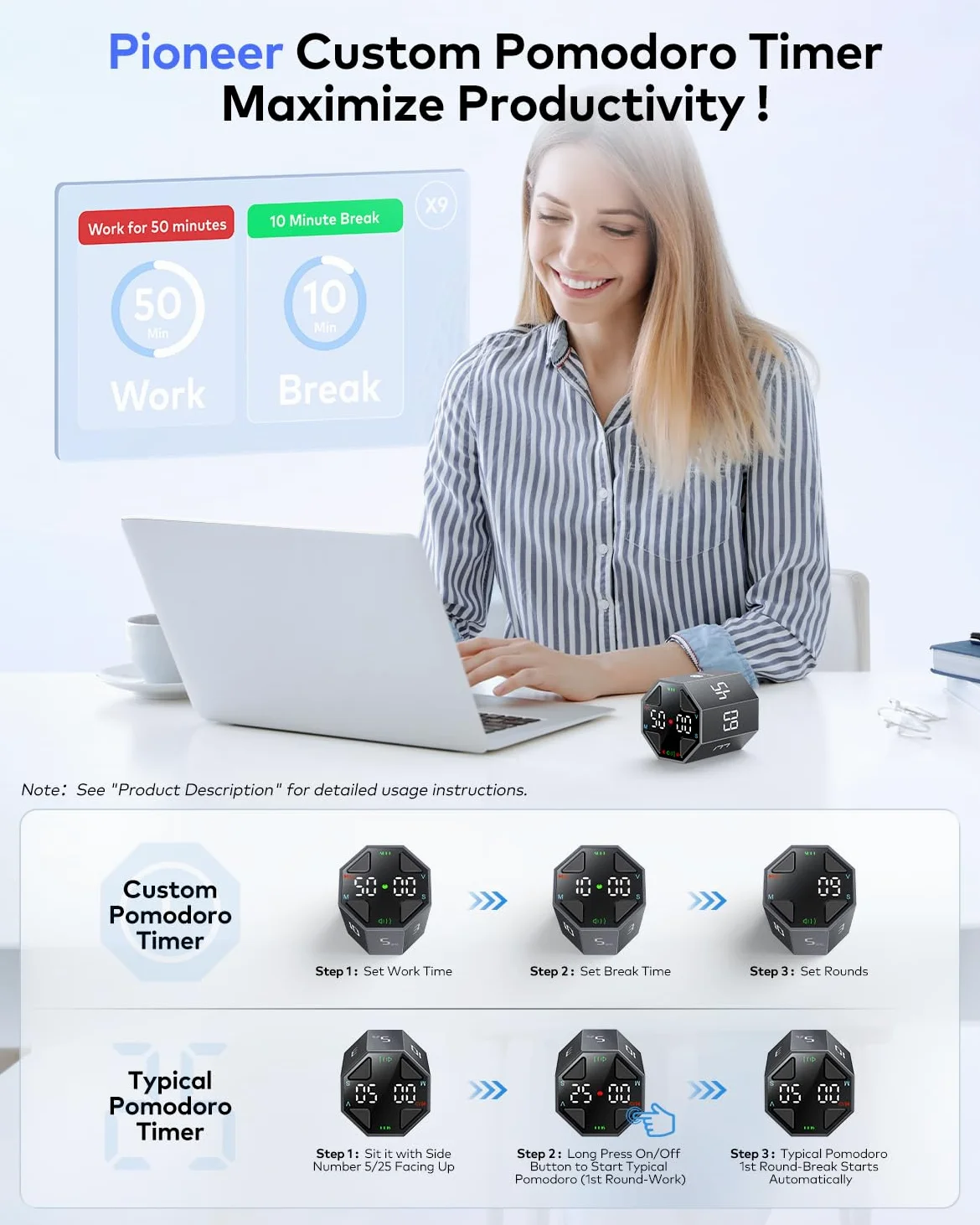 Ticktime T8 Pomodoro Timer para Enfoque, Estudio, Trabajo, Tareas, TDAH | Timer Pomodoro, Flip 3/5/10/15/30/45/60 min Countdown, Timer y Cronómetro, Pantalla Clara, 3 Avisos, Flip Pausa y Reanuda