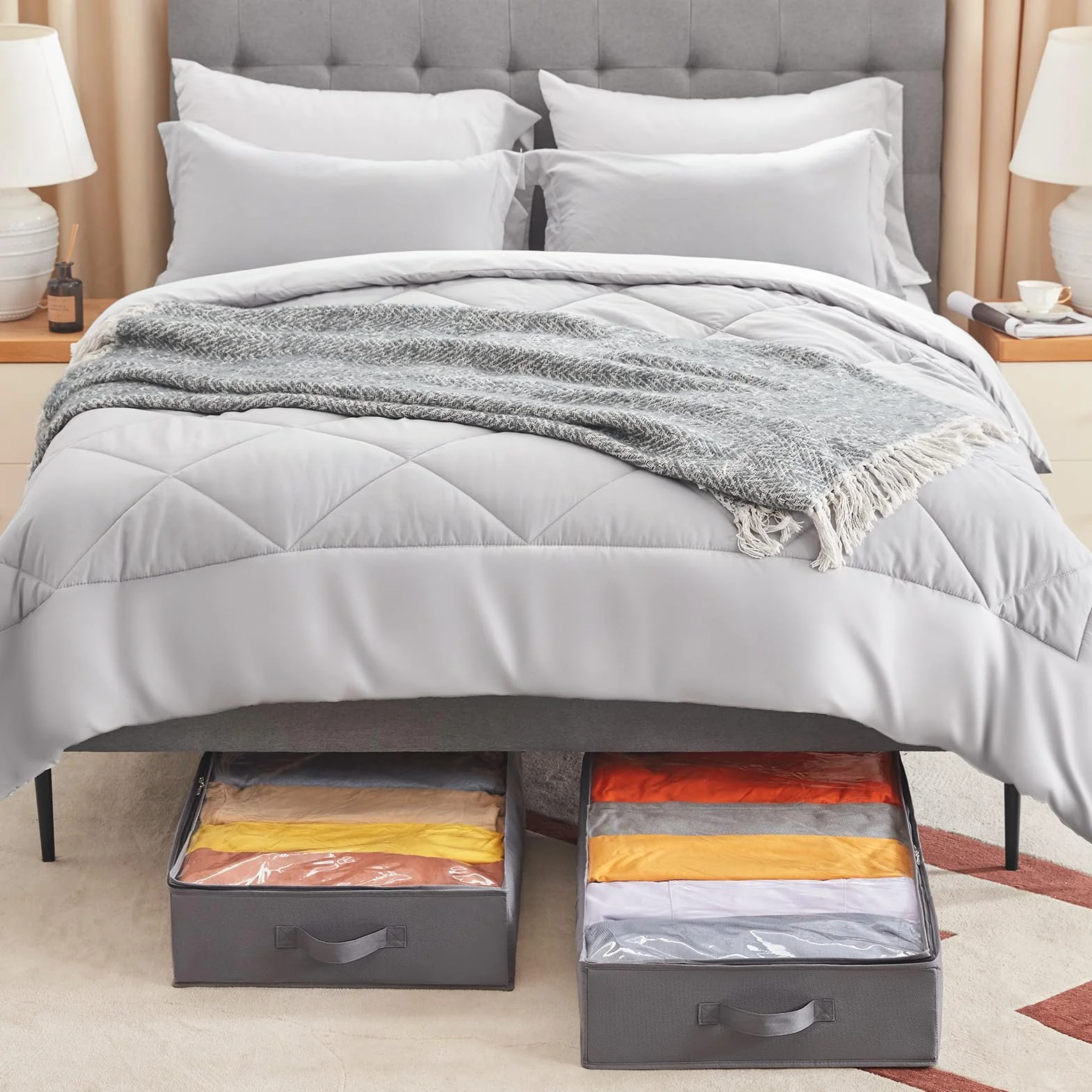 Lifewit Bolsas almacenaje ropa debajo de la Cama, Cajas almacenaje de Gran Capacidad con Asa Reforzada, cajas organizadoras plegables para Mantas, Ropa, Gris, 65 L, 3 Piezas