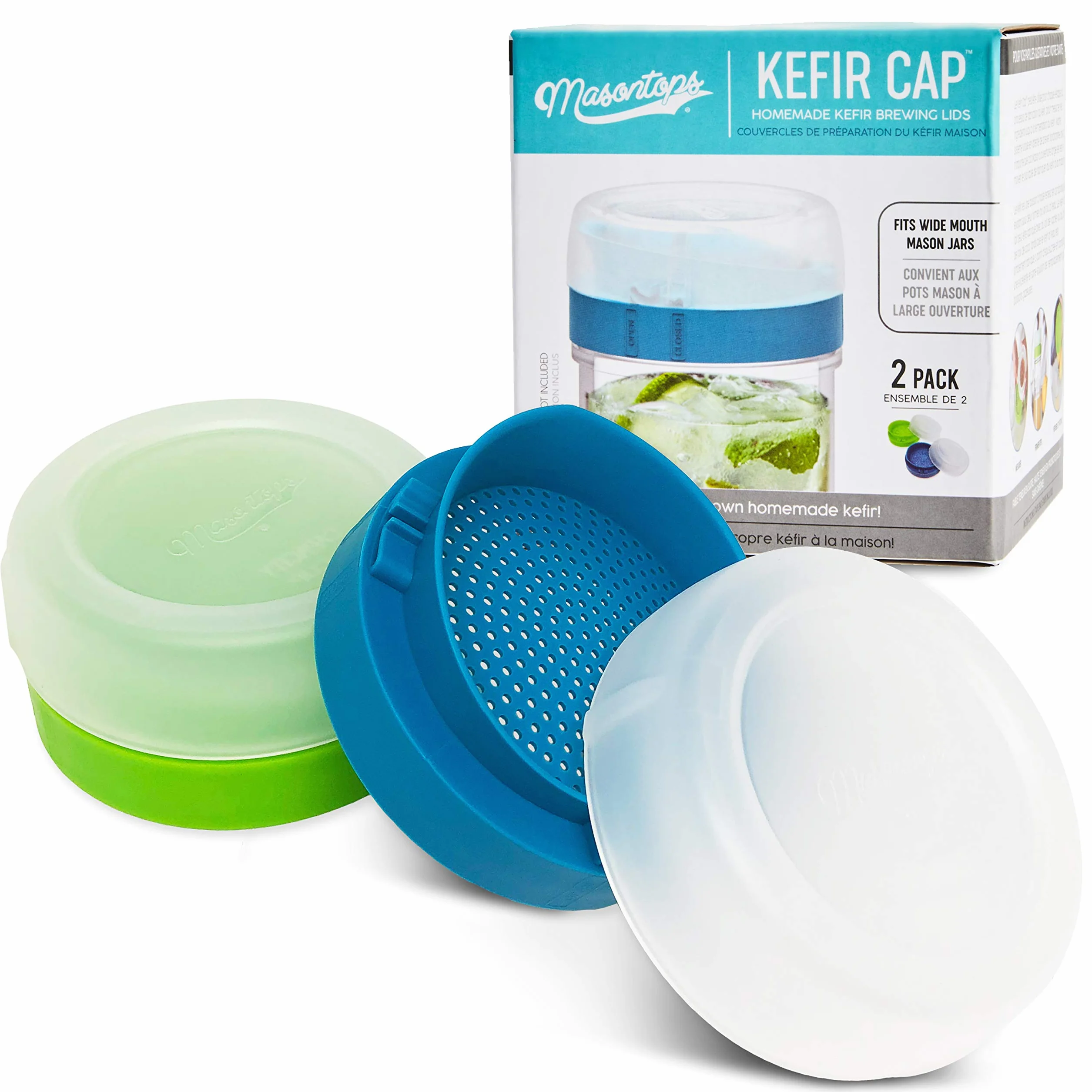 Masontops - Tapa de kefir - Tapas de tarro de albañil de gran apertura - Escurridor de granos de cultivo vivo - Kit de principiante para fermentación en casa - 2 lotes