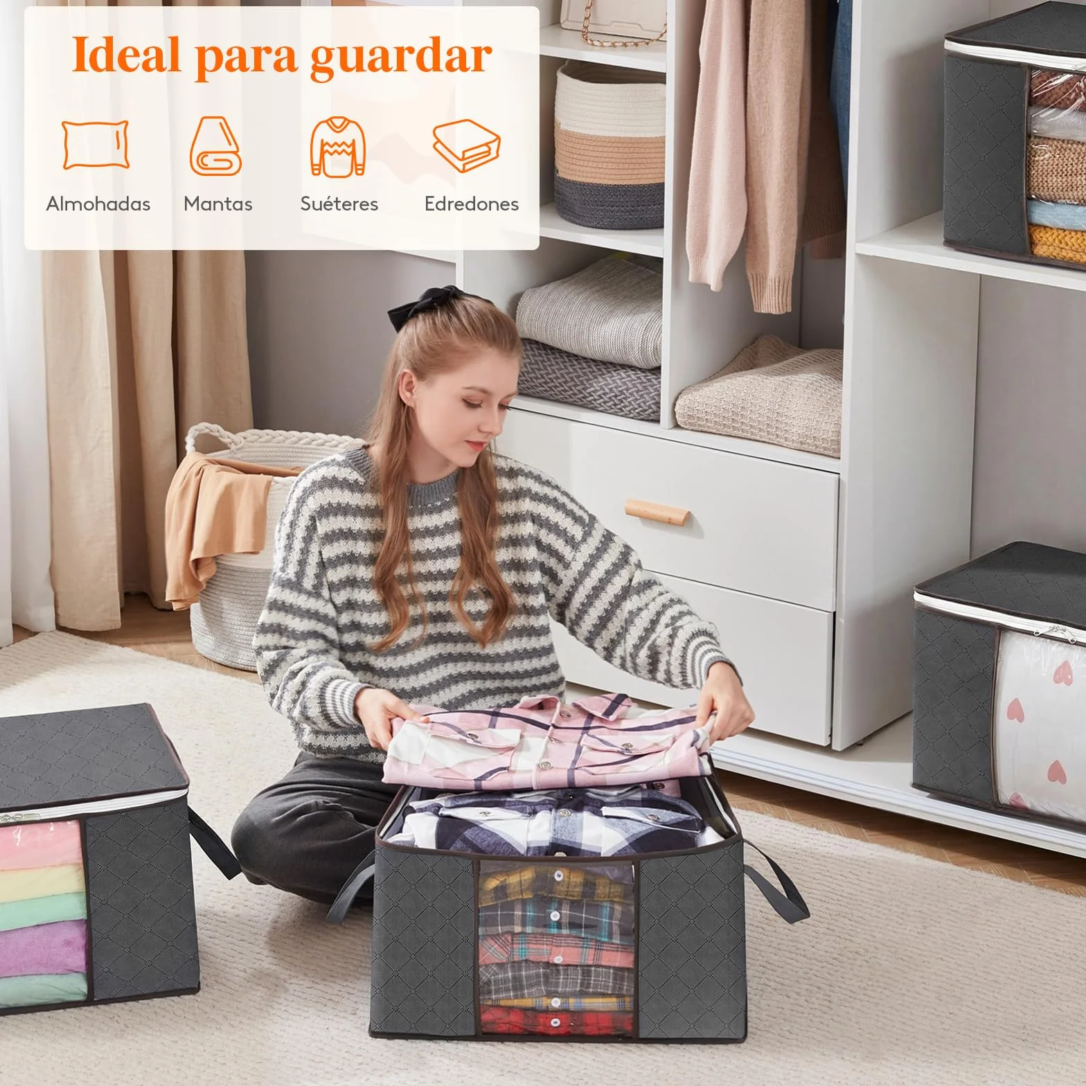 Lifewit Cajas Almacenaje Ropa, Bolsa Almacenaje Ropa, Organizador Armario Plegable, Caja Bajo Cama para Guardar Mantas, Edredones, Gris, 50 L, 4 Piezas