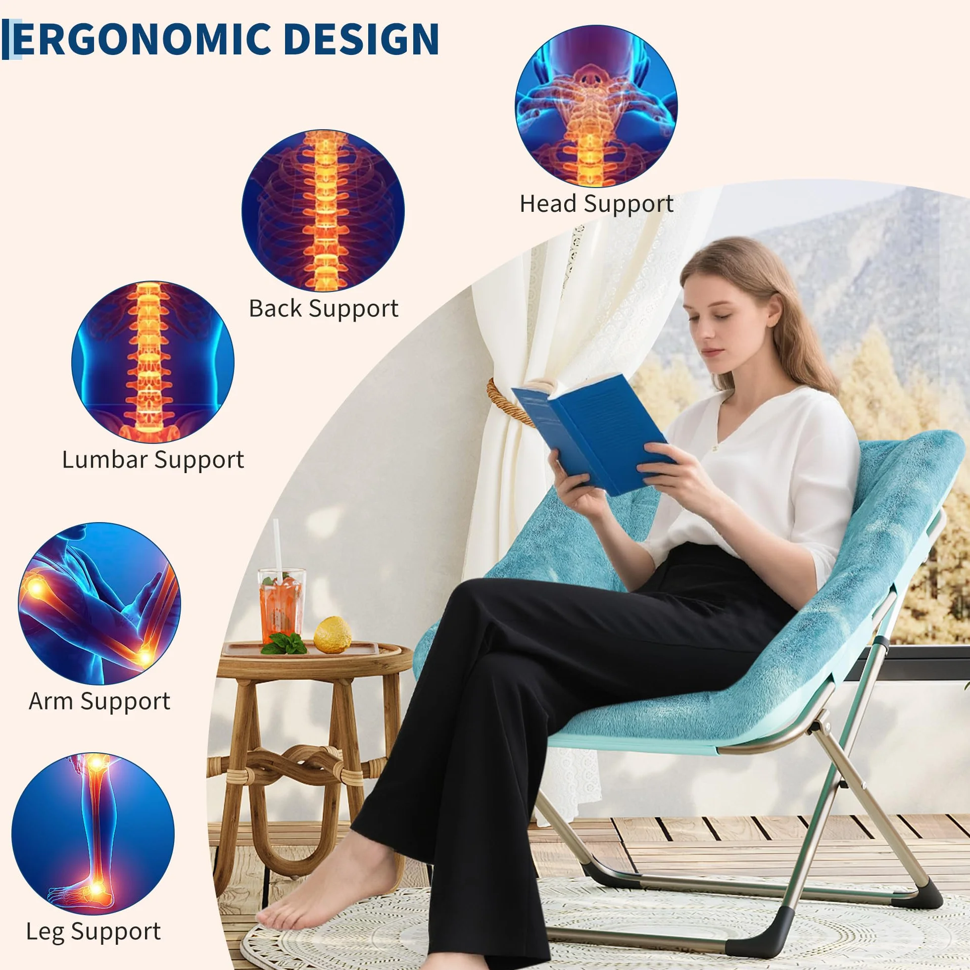 Zstar Silla Plegable Tipo Luna para Adultos, Sillón Lounge Cómodo con Estructura Robusta y Piel De Conejo Artificial Suave, Fácil De Almacenar, para Salón, Dormitorio o Apartamento