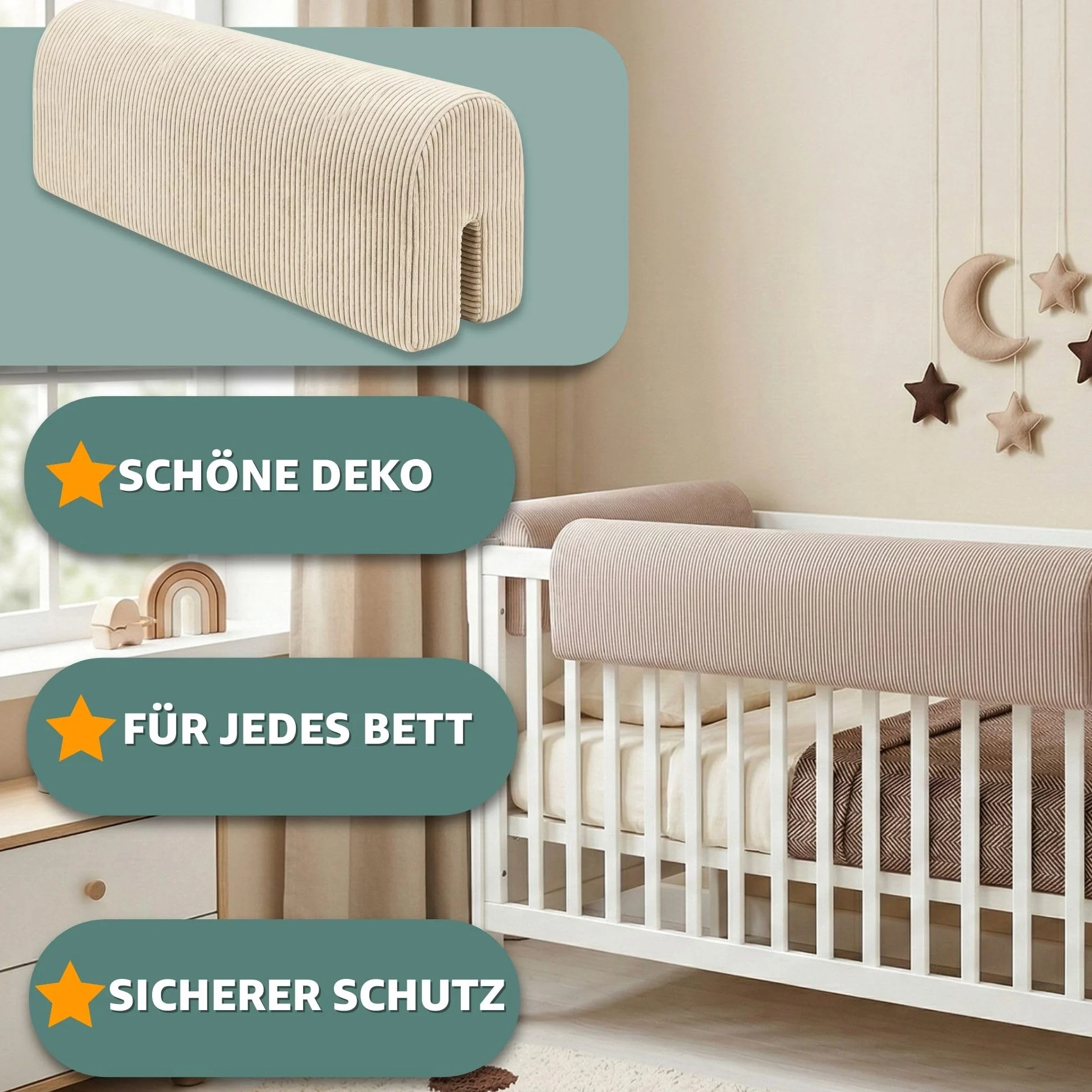 Totsy Baby Chichoneras Cuna Parachoques cunas Bebe 90 cm - Protector Anti caida y Golpe Espuma de Barrera Seguridad niños y niñas para Cama Protection de Valla y Borde Infantil Pana Oeko-Tex Beige B