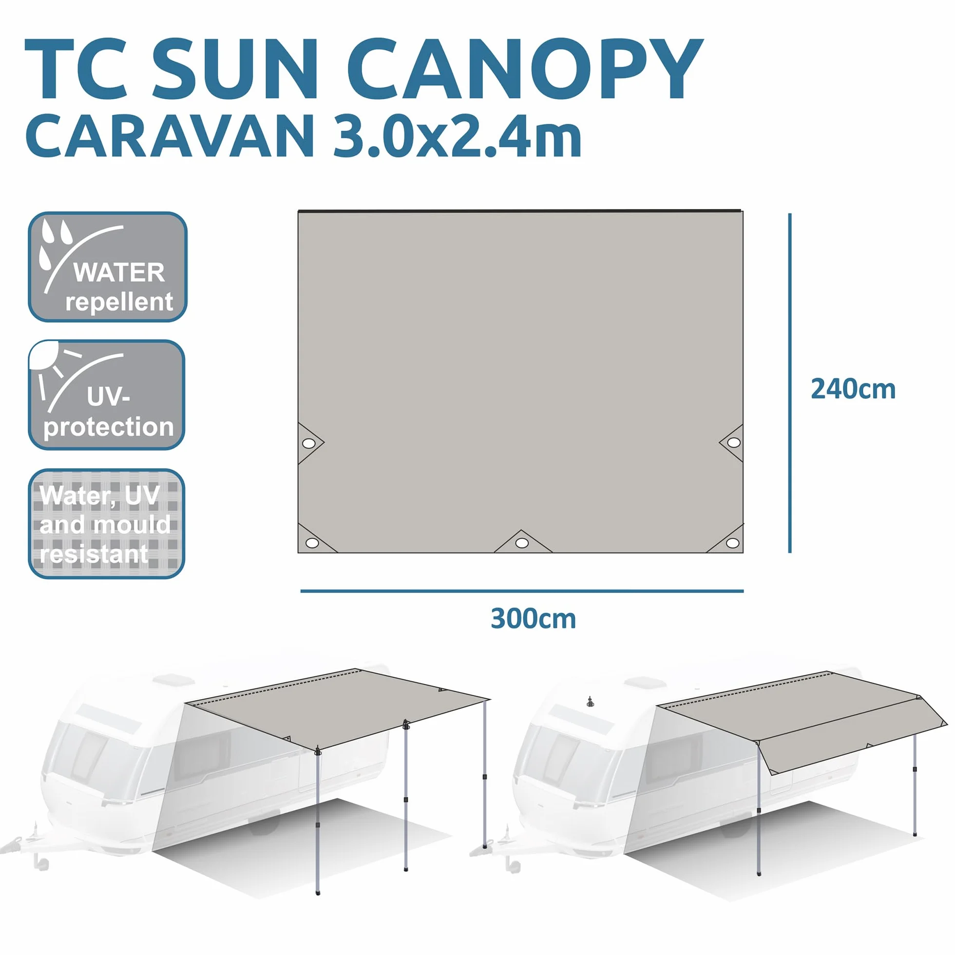 Caravan Tarp TC toldo impermeable algodón protección UV 50+ barras telescópicas aluminio 300x240 cm