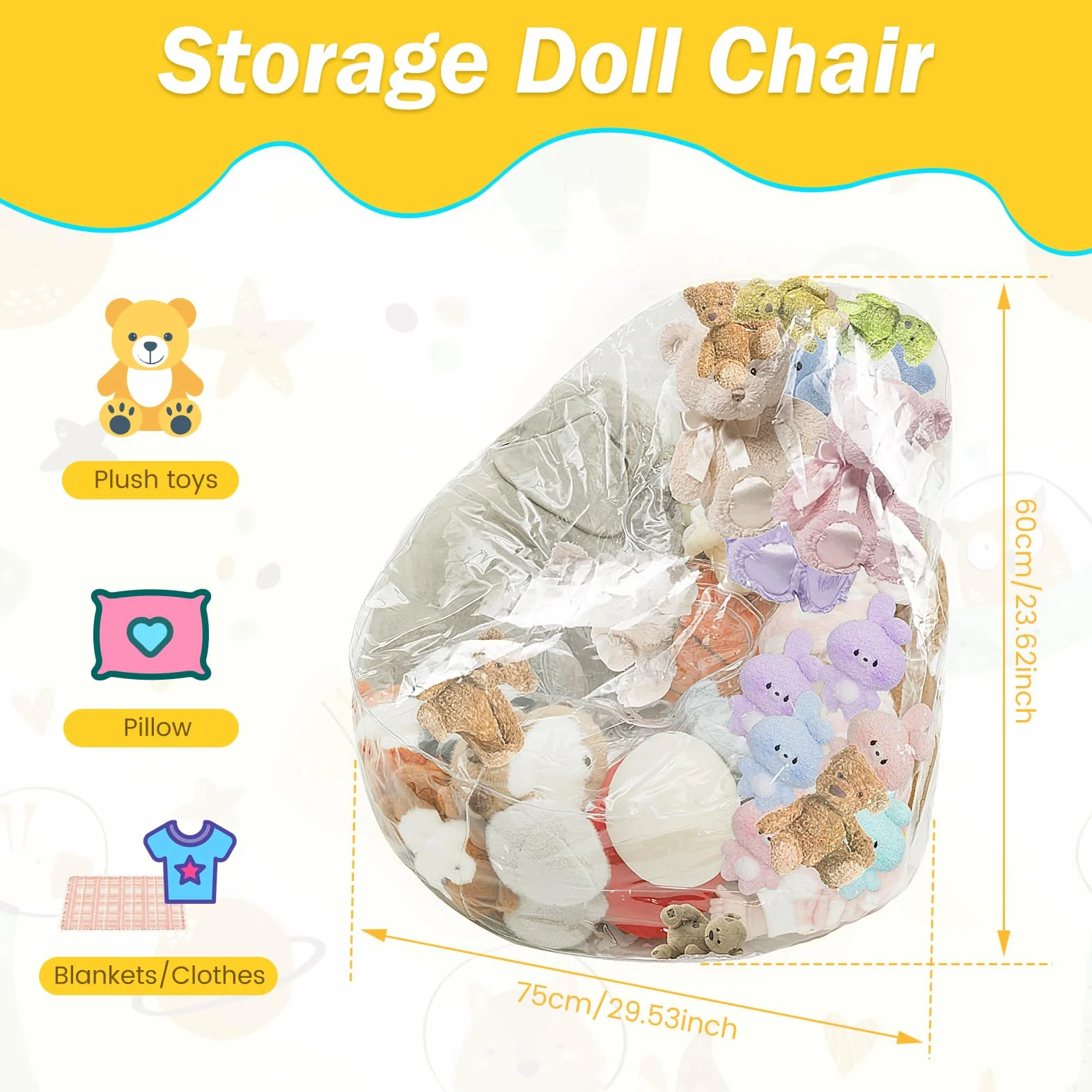 Funda para puf de silla para guardar peluches, tamaño grande, soporte para juguetes de peluche, organizador de habitación infantil y sillón de lectura (solo bolsa)