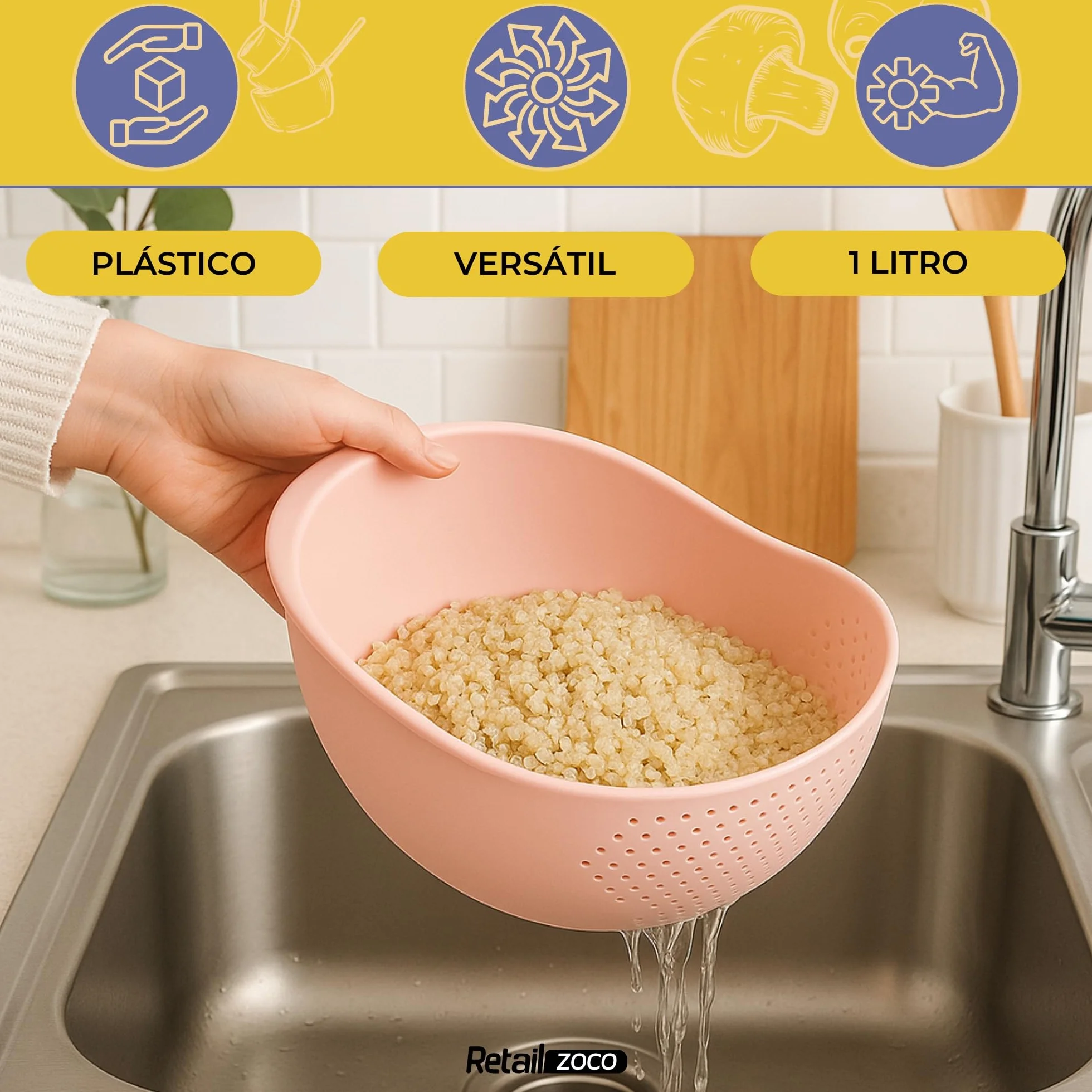 CHEFZOCO Escurridor de plástico, colador de cocina, Colador multiusos, escurridor para arroz, Tamiz alimentos, Colador para frutas y verduras, Cesta escurridora, Capacidad 1 Litro, Plástico, Rosa