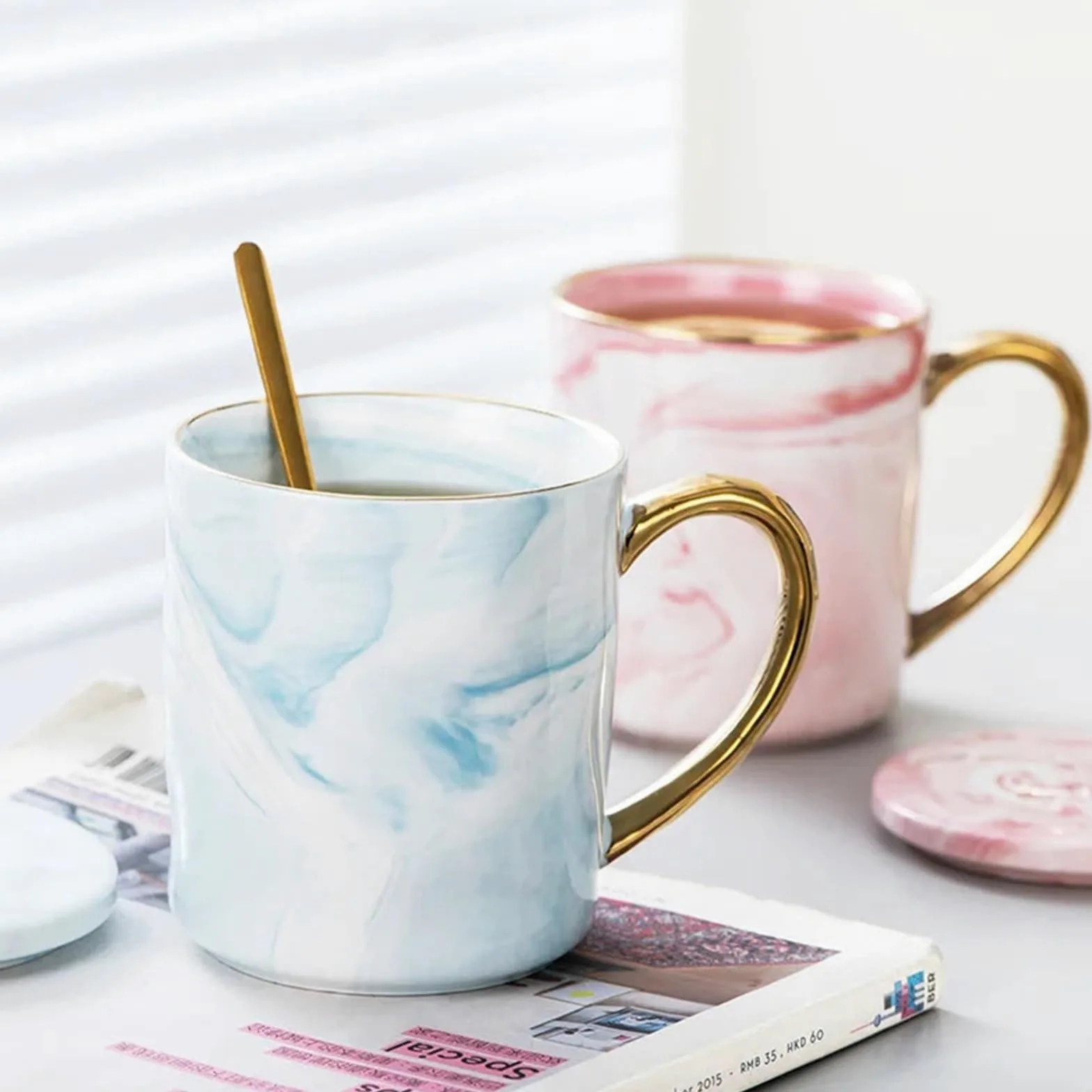 Taza de cerámica de 400ml, taza de café con borde dorado, taza de leche for té de avena for desayuno de aniversario de pareja, 1/2 Uds. Para Boda(2pcs pink blue)